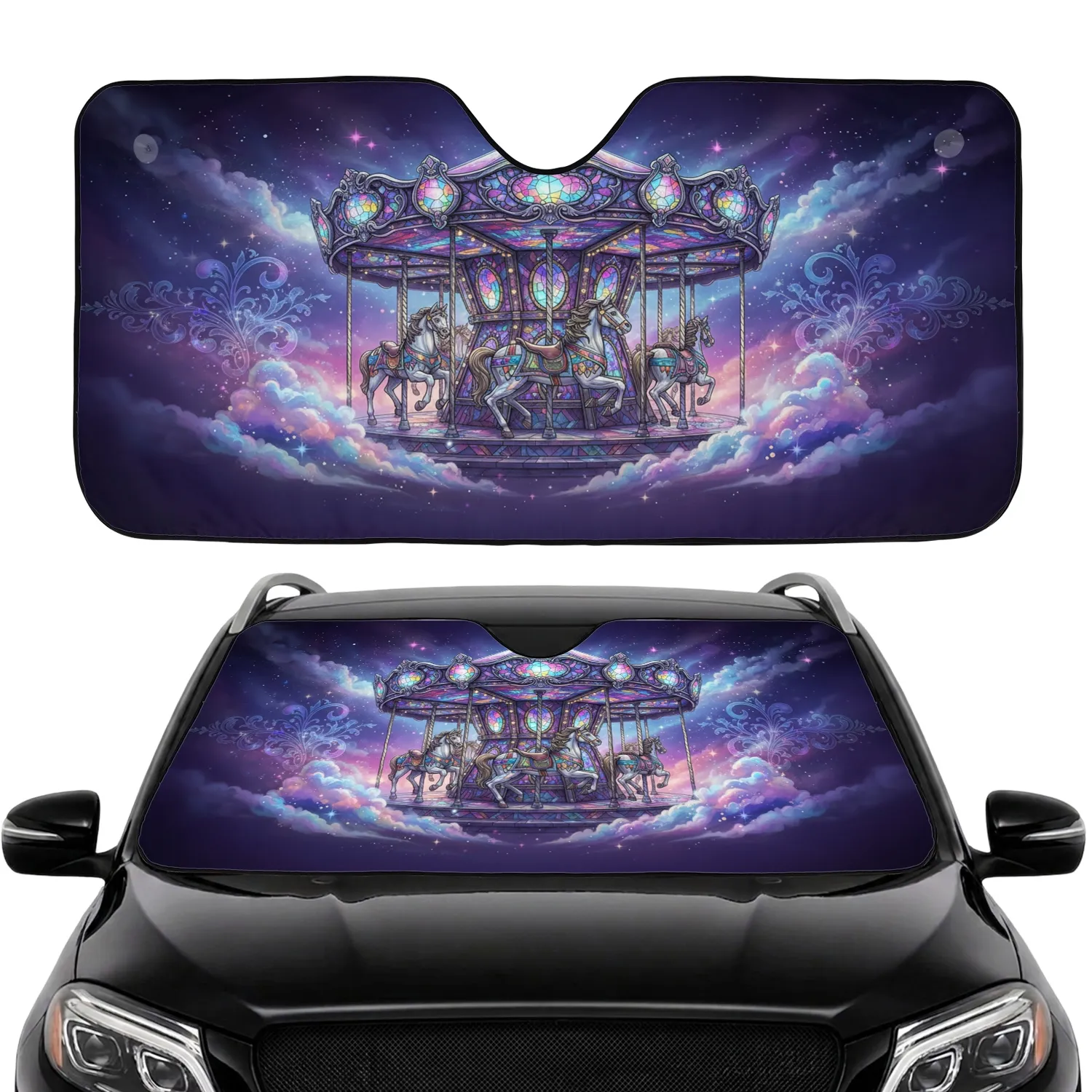 Prismatic Stained Glass Carousel Twilight Sky - Road Trip Travel Essentials Car Sunshade - 1