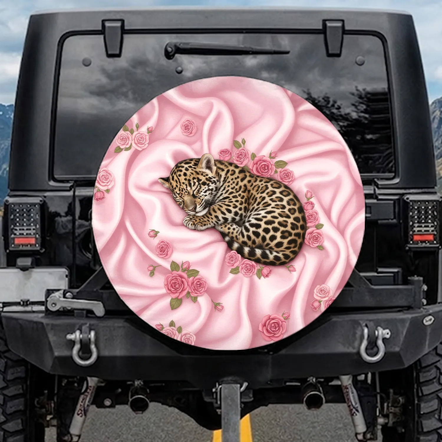 Curled Sleeping Baby Jaguar Cub Pink Roses Soft Pink Drapery - Wildlife Lover Gift Spare Tire Cover - 1
