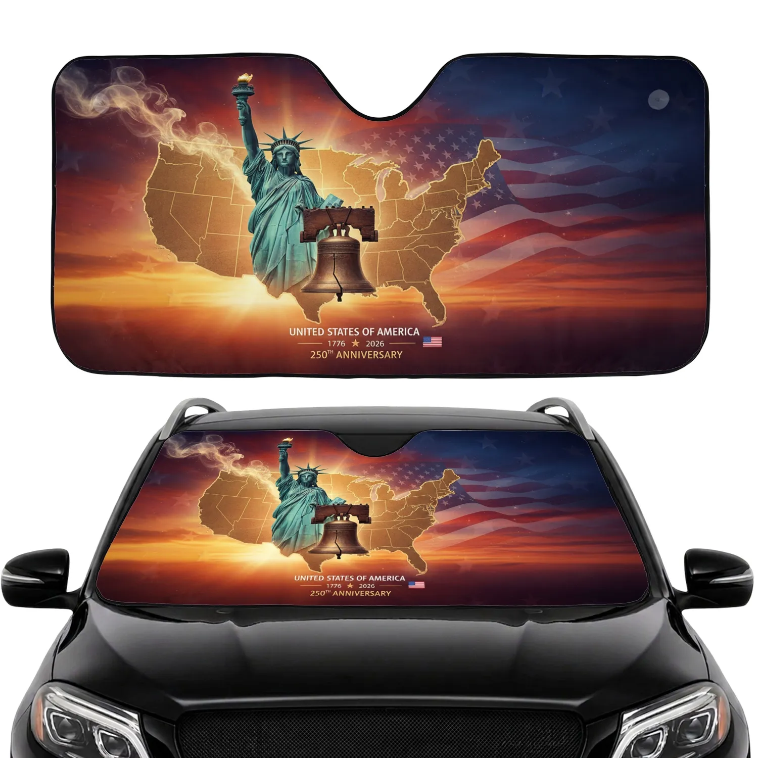 Statue of Liberty Liberty Bell US Map American Flag 250th Anniversary Travel Essentials Car Sunshade - 1