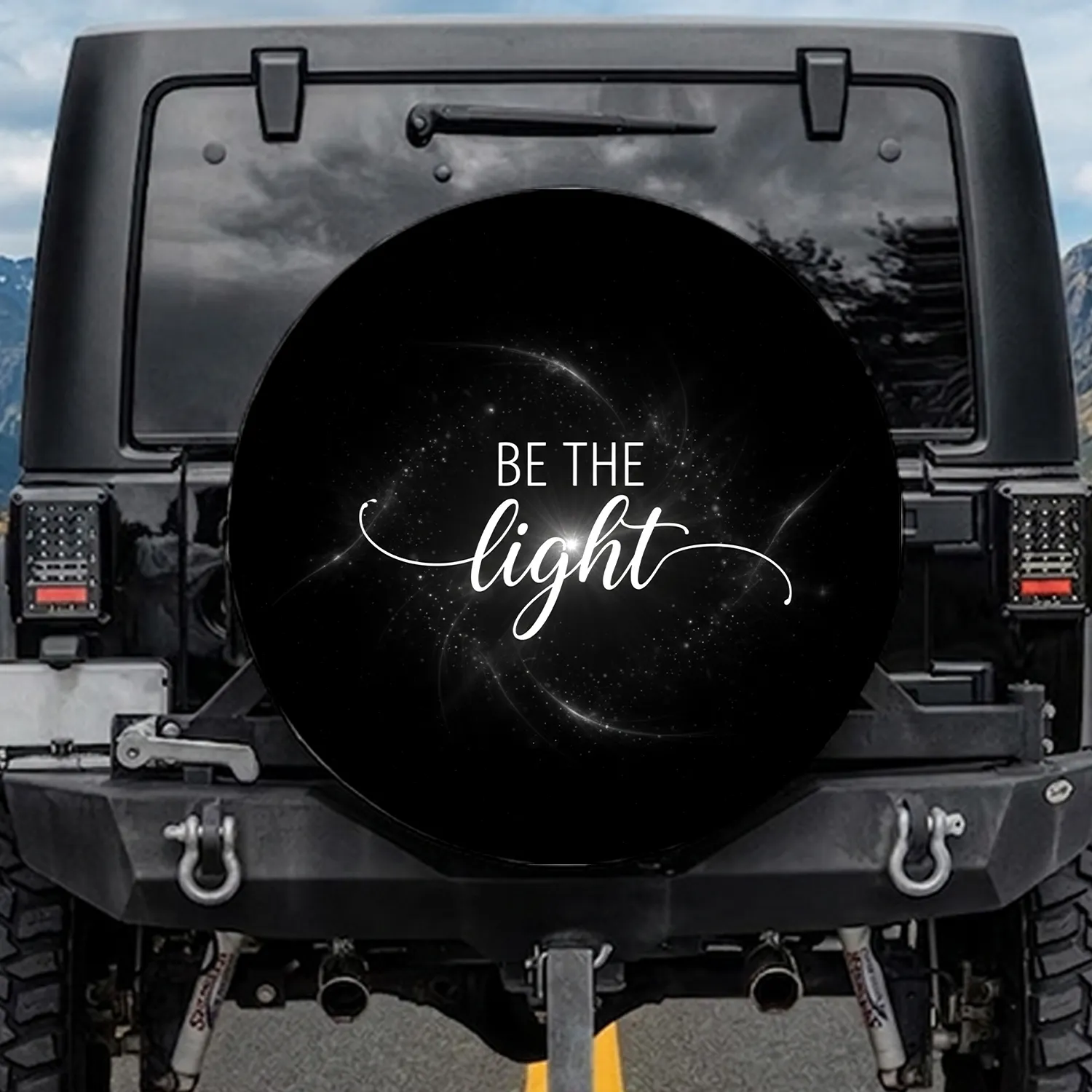 Glowing Cosmic BE THE Light Text - Inspirational Lifestyle Gift Spare Tire Cover - 1
