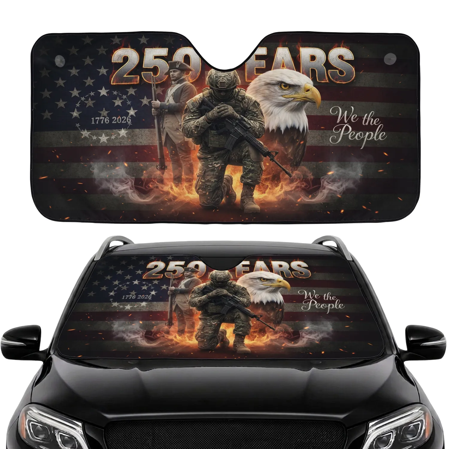 Kneeling Soldier Minuteman We the People 1776-2026 250th Anniversary Road Trip Gift Car Sunshade - 1