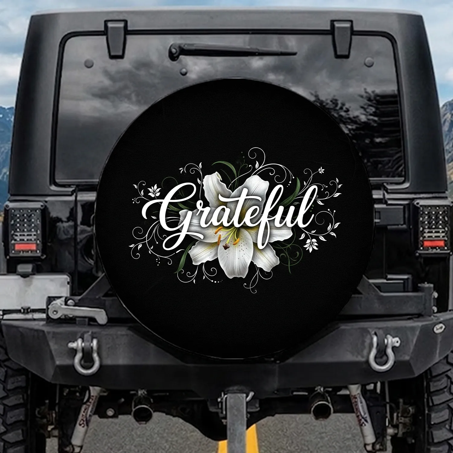 Grateful White Lily Flower Delicate Floral Scrollwork - Positive Lifestyle Gift Spare Tire Cover - 1