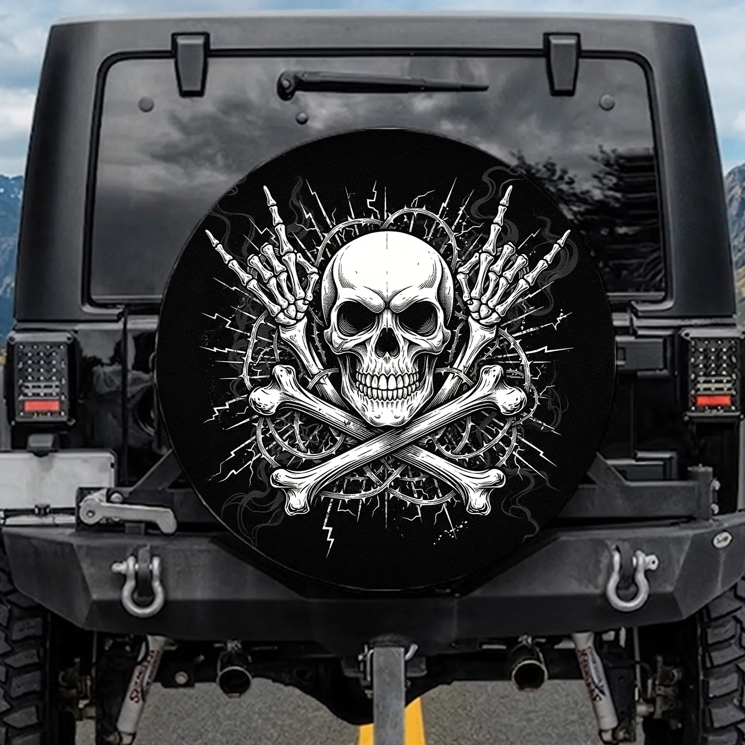 Skull Crossbones Rock On Hand Thorny Vines Smoke Lightning - Goth Rock Fan Gift Spare Tire Cover - 1
