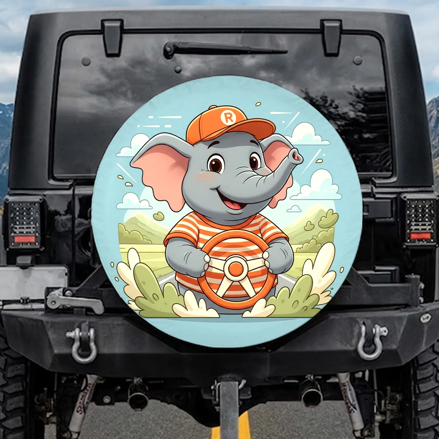 Cheerful Elephant Driving Steering Wheel - Road Trip Travel Essentials for Elephant Lovers Spare Tire Cover - 1