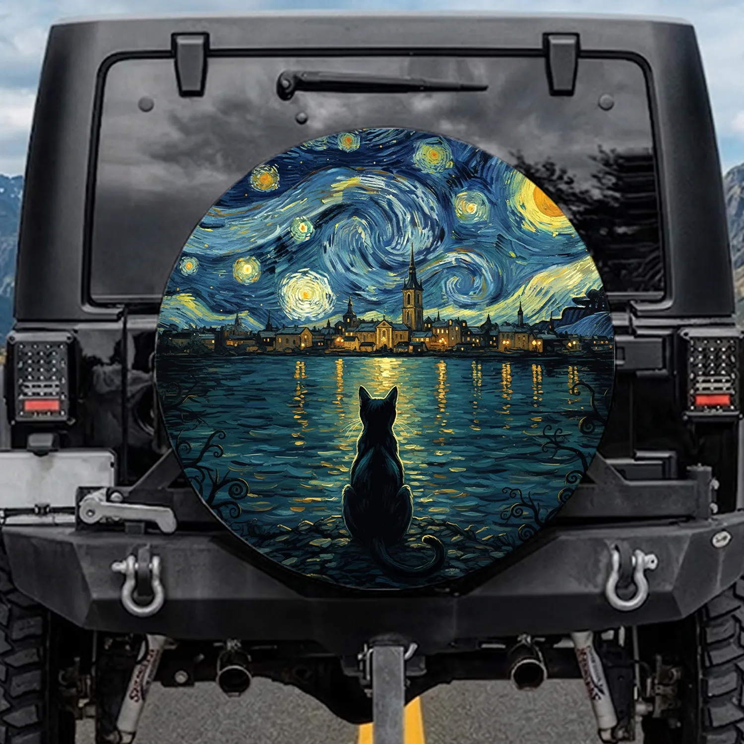 Black Cat Starry Night Cityscape River Reflections Church Steeple - Cat Lover Gift Spare Tire Cover - 1