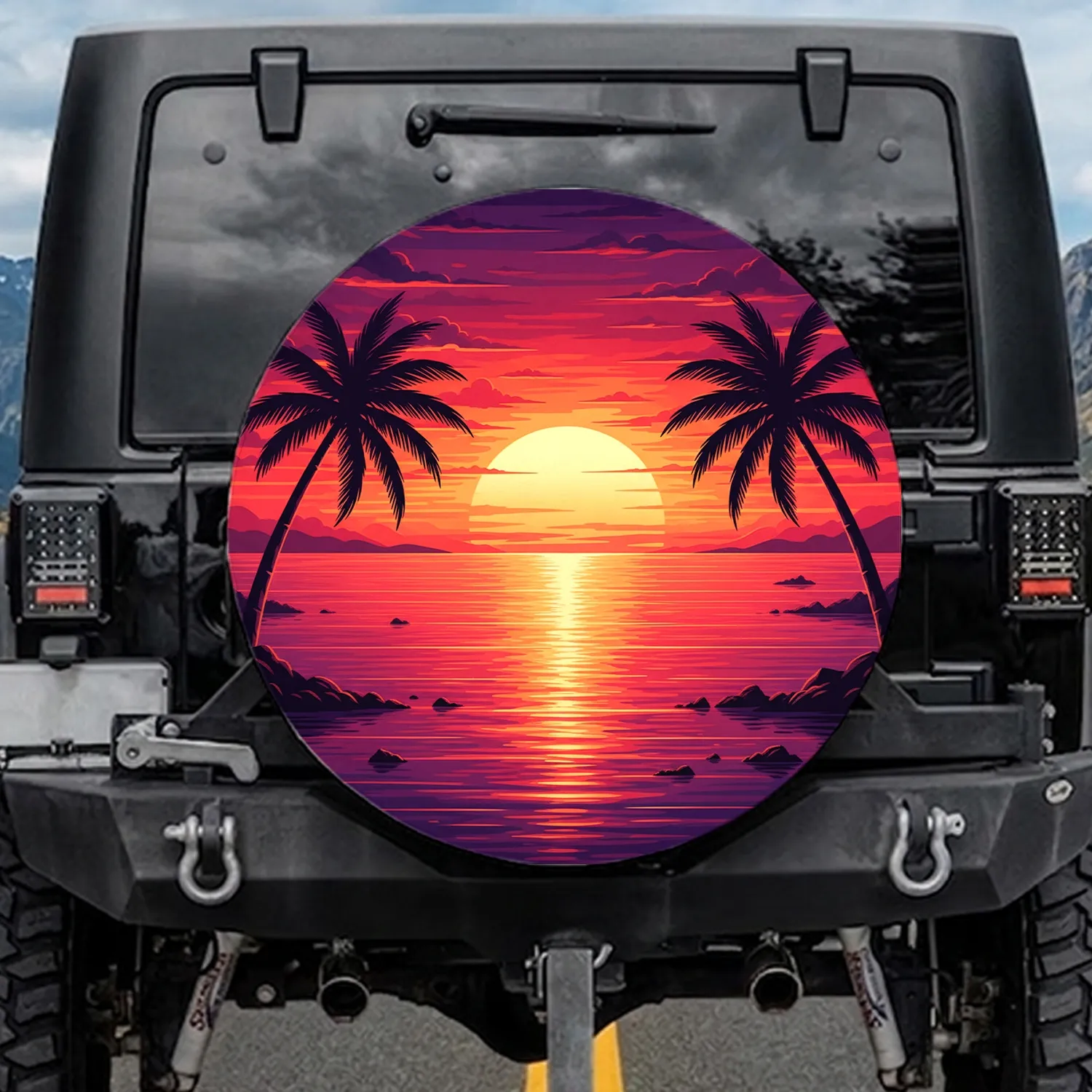 Fiery Tropical Sunset Palm Trees Ocean Scene – Outdoor Adventure Travel Gear Spare Tire Cover - 1