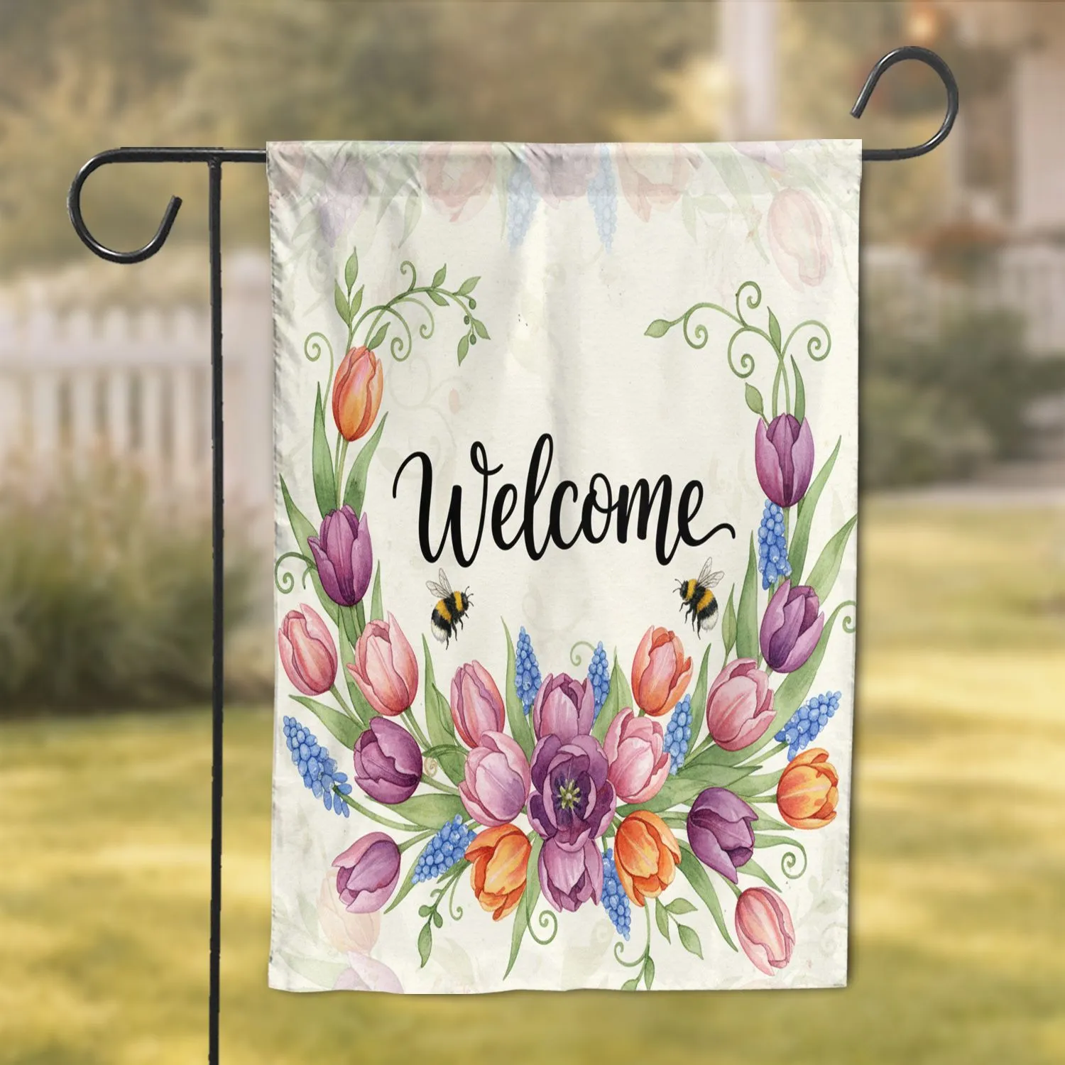 Welcome Bumblebee Tulips Blue Flowers Garden - Everyday Home Decor Gift Garden Flag - 1