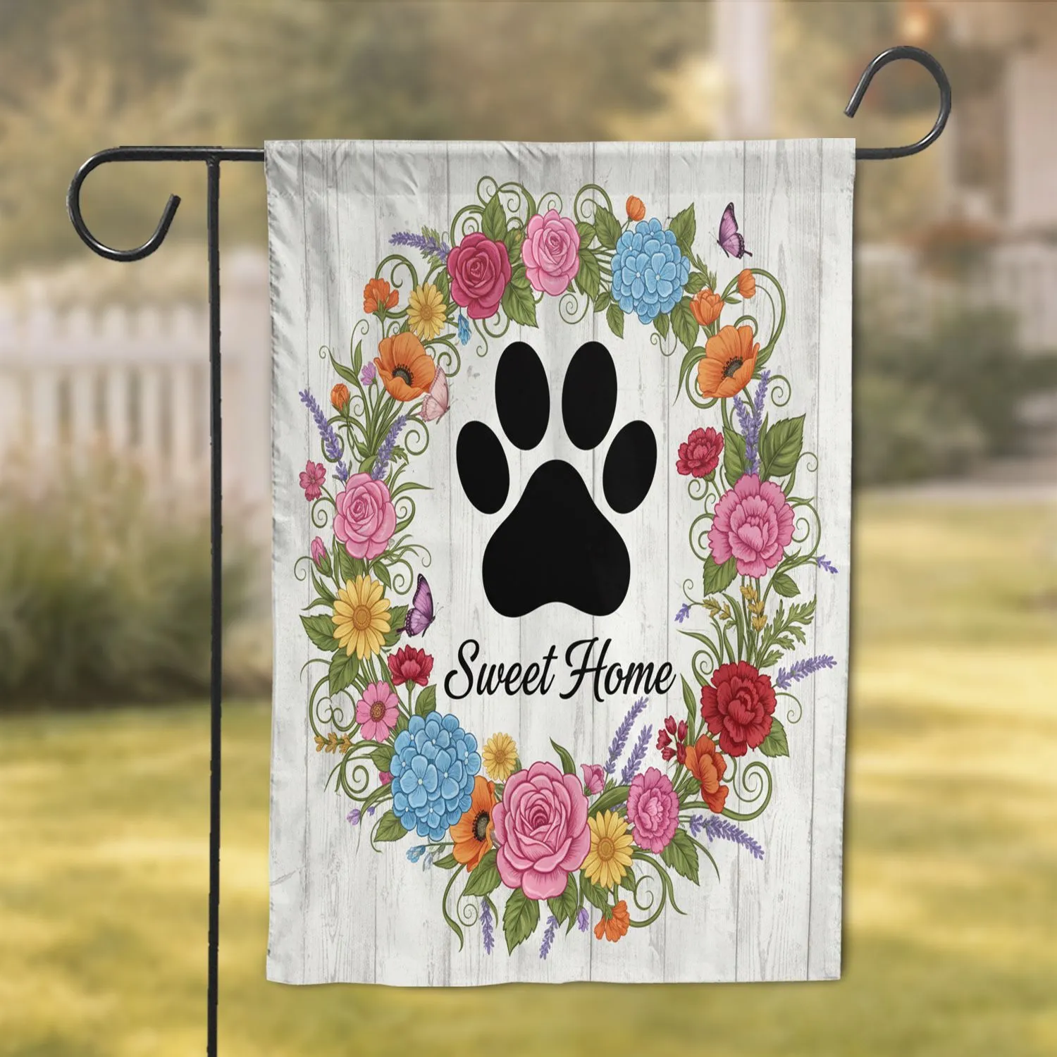 Sweet Home Paw Print Blossoms Butterflies - Home Decor Gift Garden Flag - 1