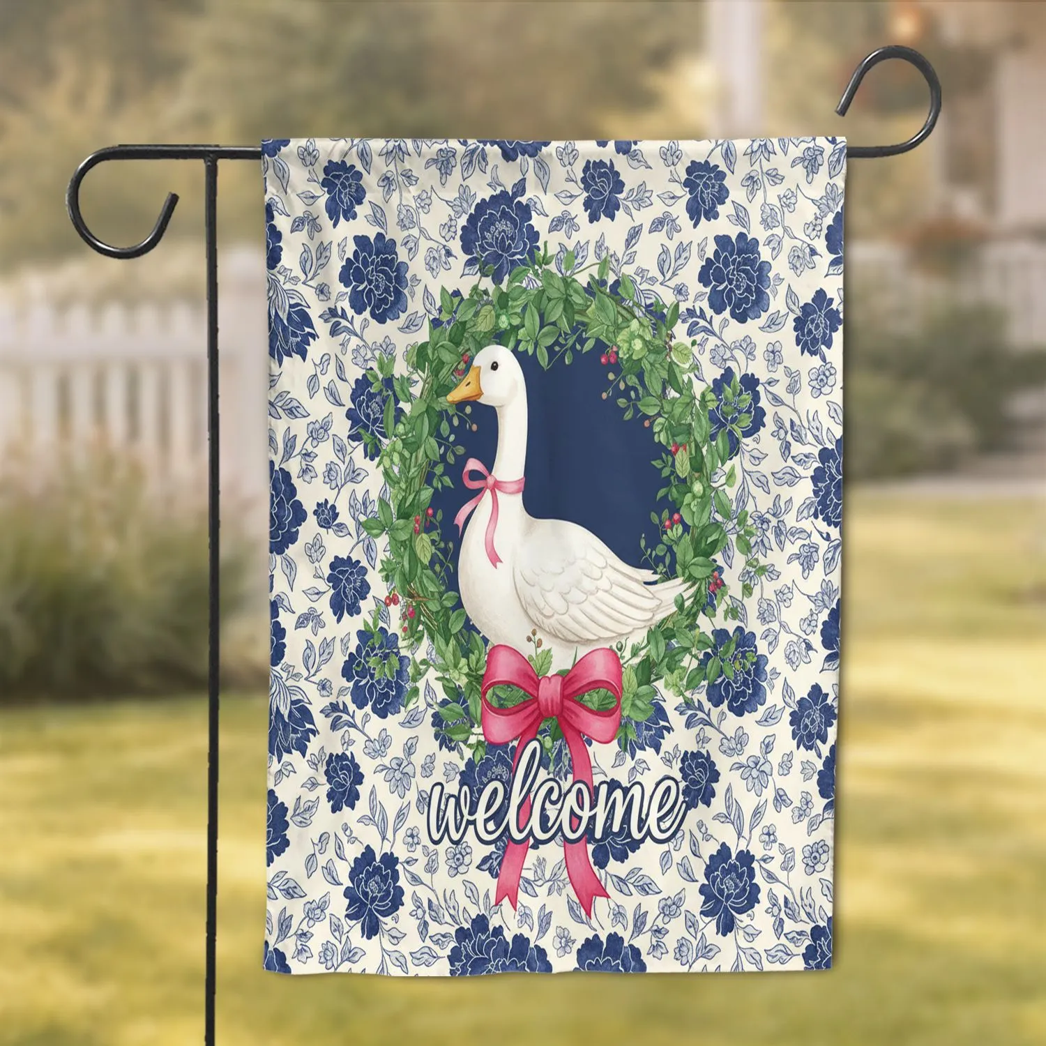 White Goose Pink Ribbon Welcome Script Foliage Wreath Peony - Home Decor Gift Garden Flag - 1