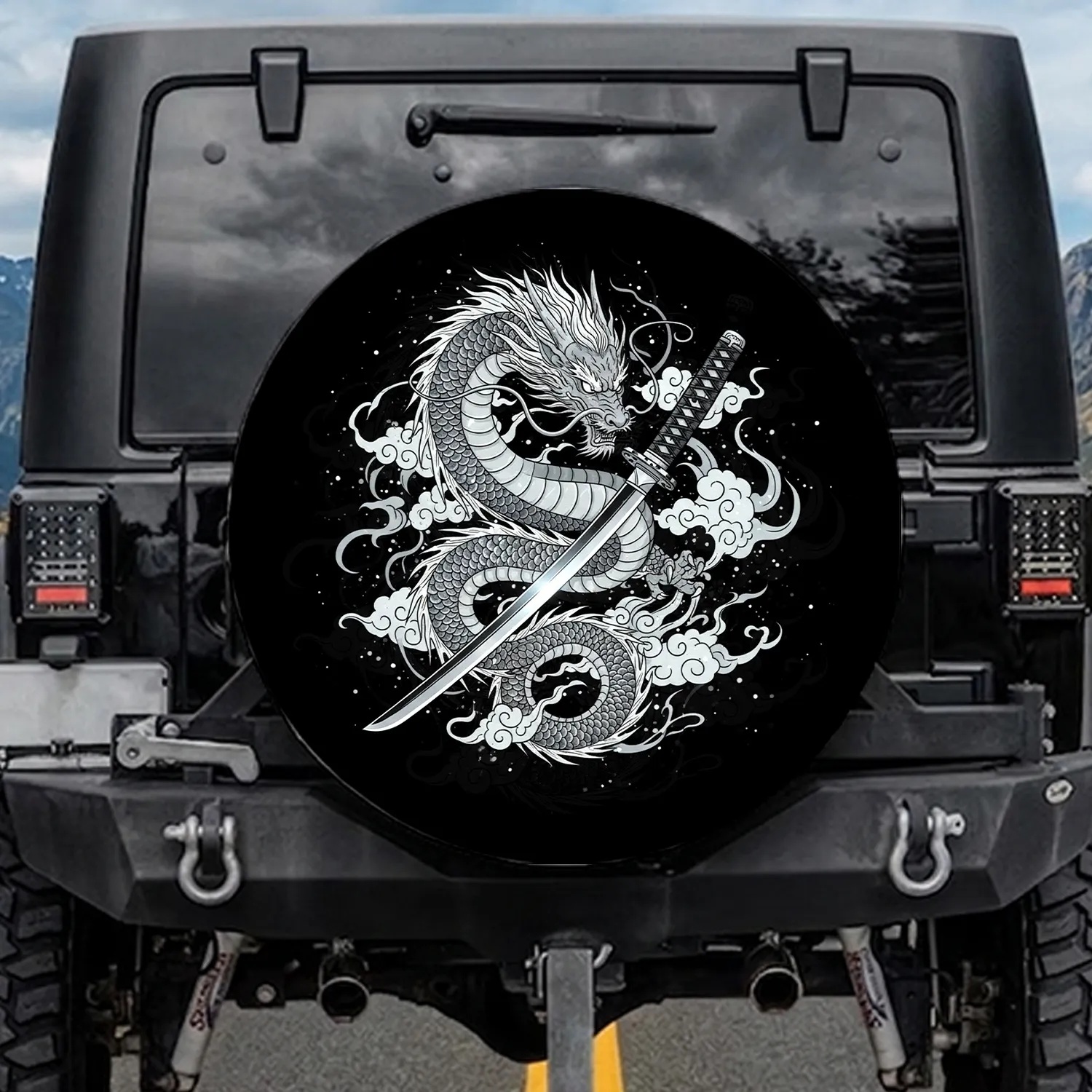 Japanese Dragon Flowing Mane Katana Sword Spirit Clouds Black Void Travel Essentials - Dragon Lover Gift Spare Tire Cover - 1