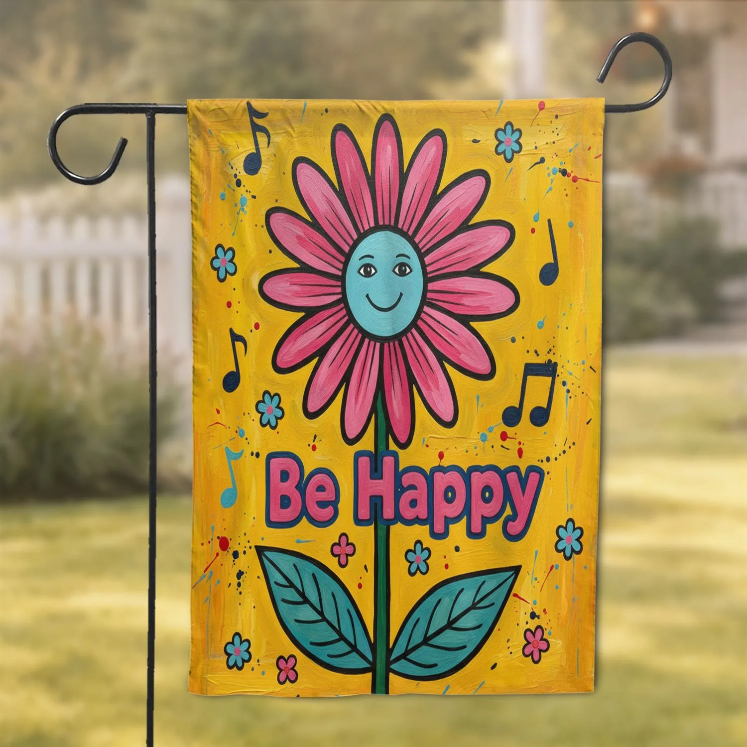 Cheerful Daisy Flowers Be Happy Musical Notes Paint Splatter - Everyday Home Decor Gift Garden Flag - 1