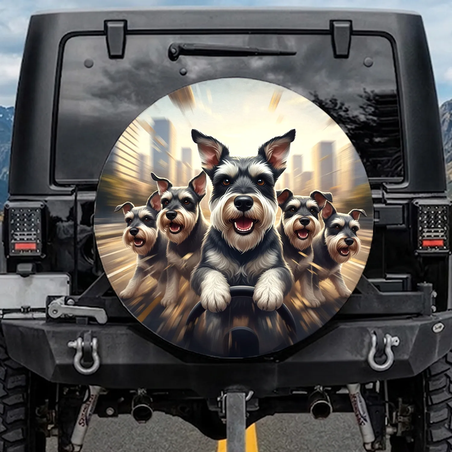 Cheerful Schnauzer Dogs Road Trip Adventure - Dog Lover Vehicle Decor Gift Spare Tire Cover - 1