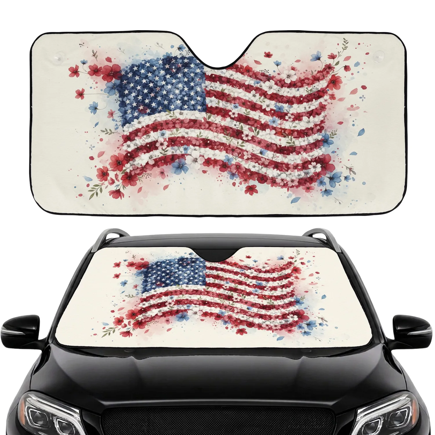 Watercolor Floral American Flag - Independence Day Car Interior Upgrade for Veterans Car Sunshade - 1
