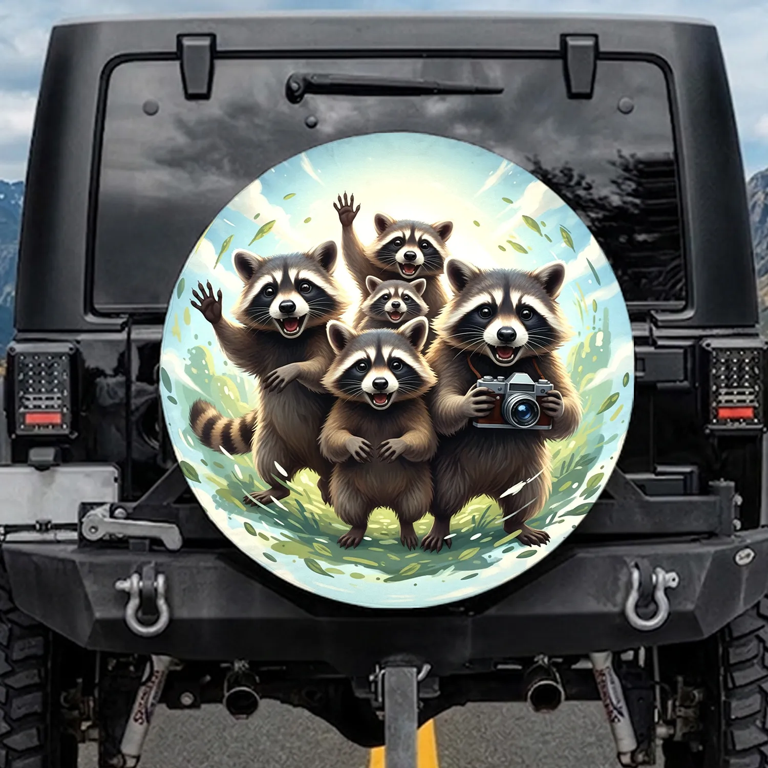 Joyful Interacting Raccoons Vintage Camera Outdoor Adventure - Wildlife Lover Gift Spare Tire Cover - 1