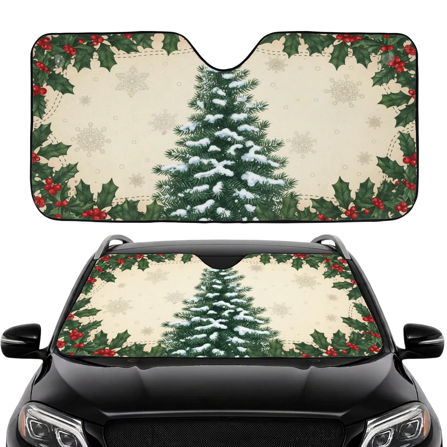 Snow-Dusted Christmas Tree Holly Berries - Christmas Road Trip Gift Car Sunshade - 1