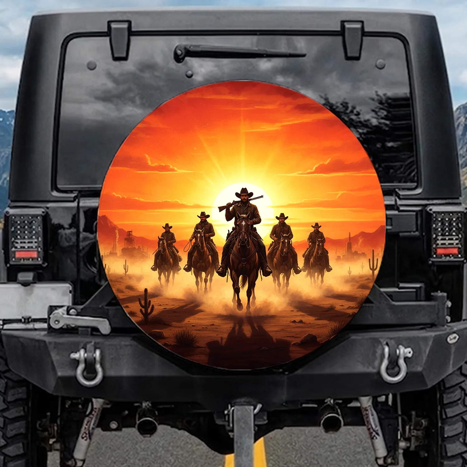 Four Cowboys Horseback Dusty Western Desert Sunset - Western Film Fan Gift Spare Tire Cover - 1