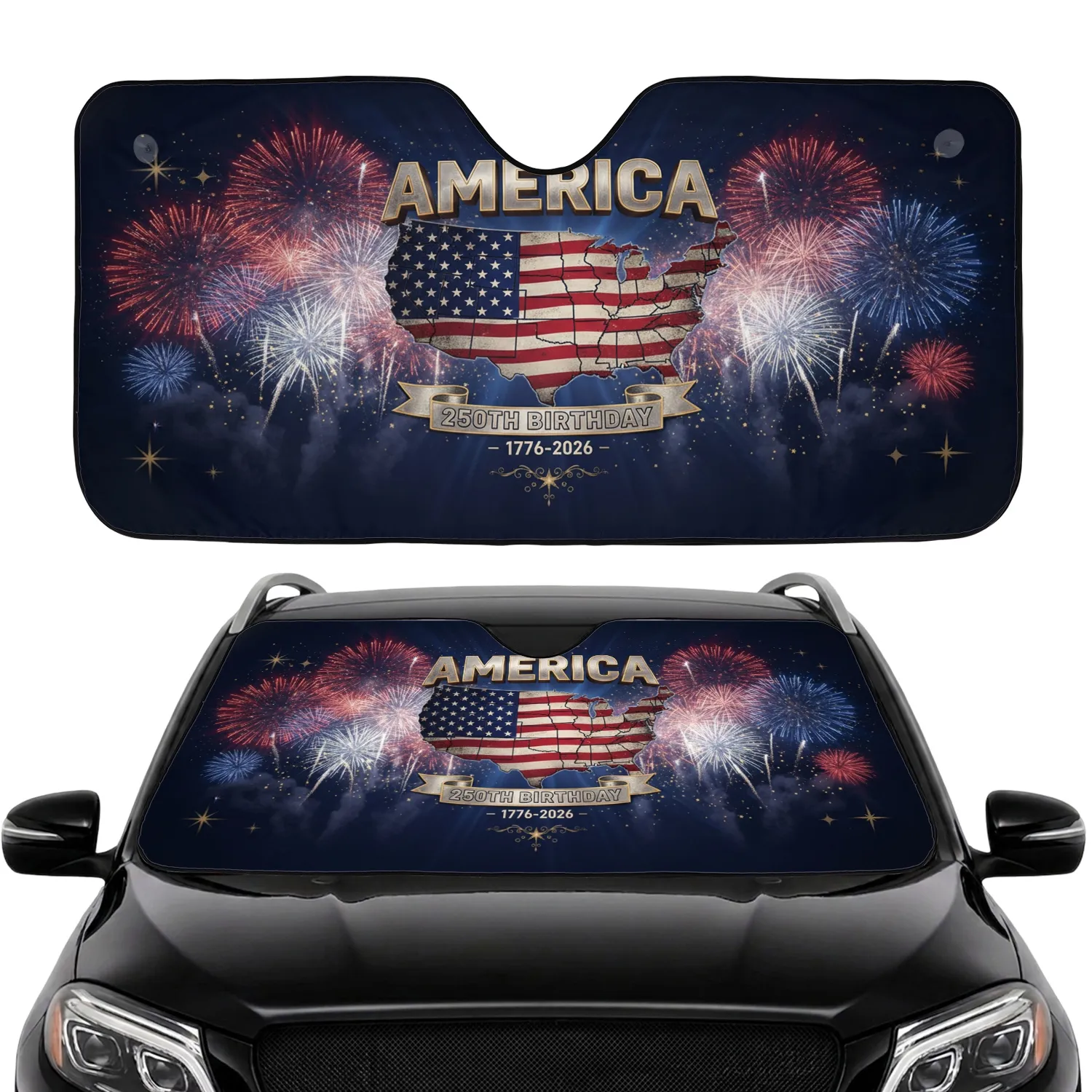 America 250th Birthday USA Map Flag - 250th Anniversary Road Trip Accessory Car Sunshade - 1