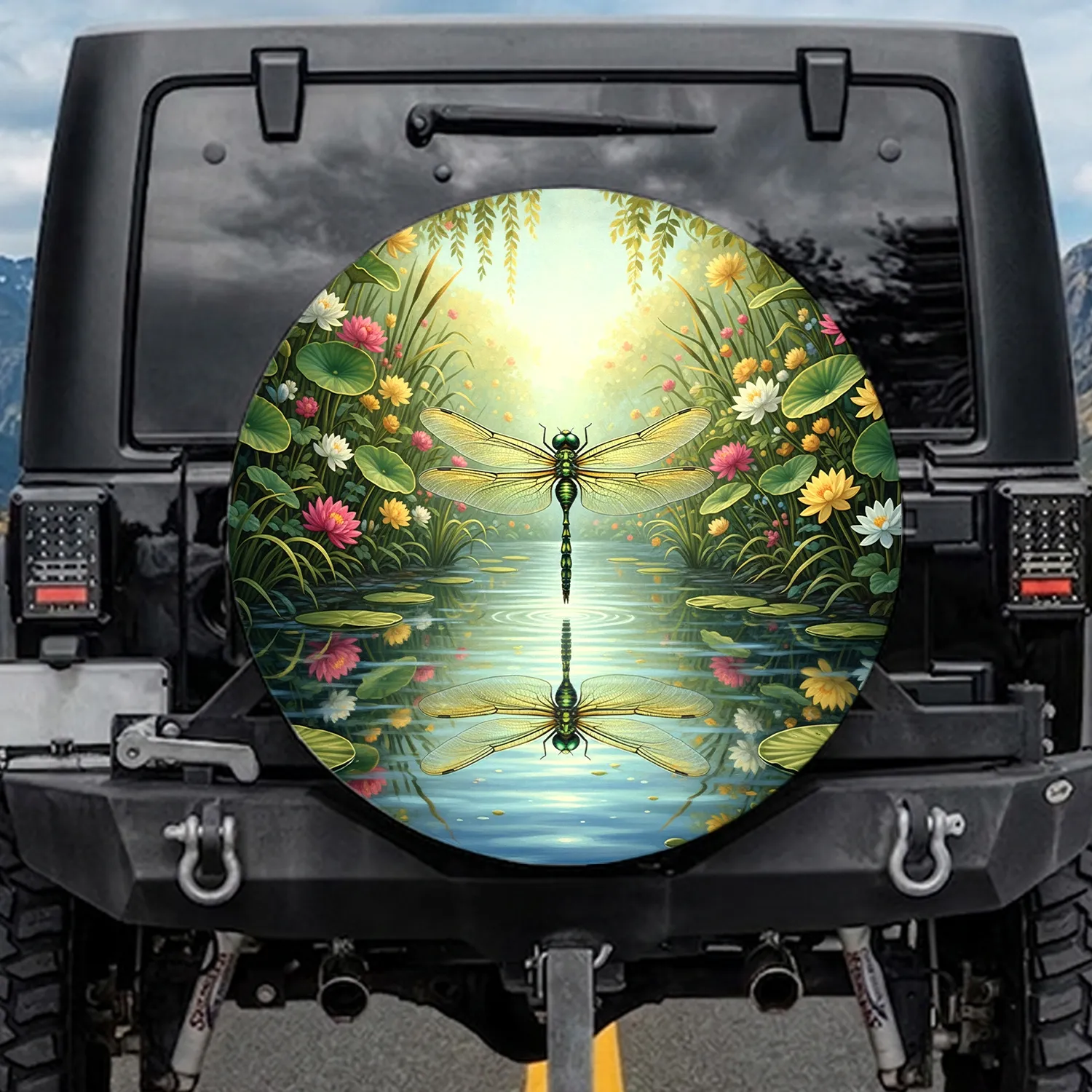 Dragonfly Reflection Rippling Water Lush Aquatic Plants Flowers - Wildlife Lover Gift Spare Tire Cover - 1