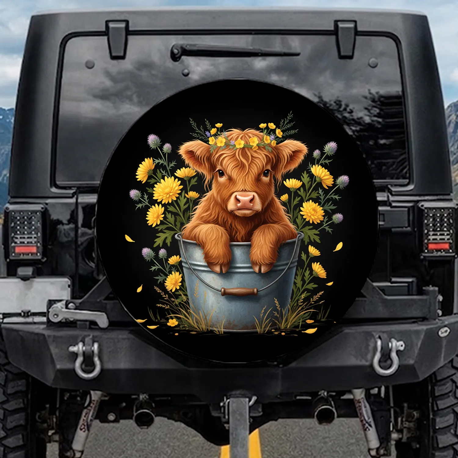 Baby Highland Cow Wildflower Bucket - Farmhouse Home Decor Gift for Cow Lover Spare Tire Cover - 1