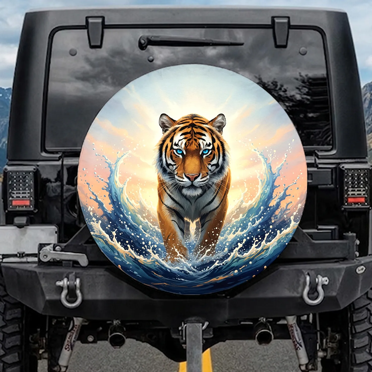 Tiger Blue Eyes Foamy Water Splashes Twilight Sky - Gift for Wildlife Lovers Spare Tire Cover - 1