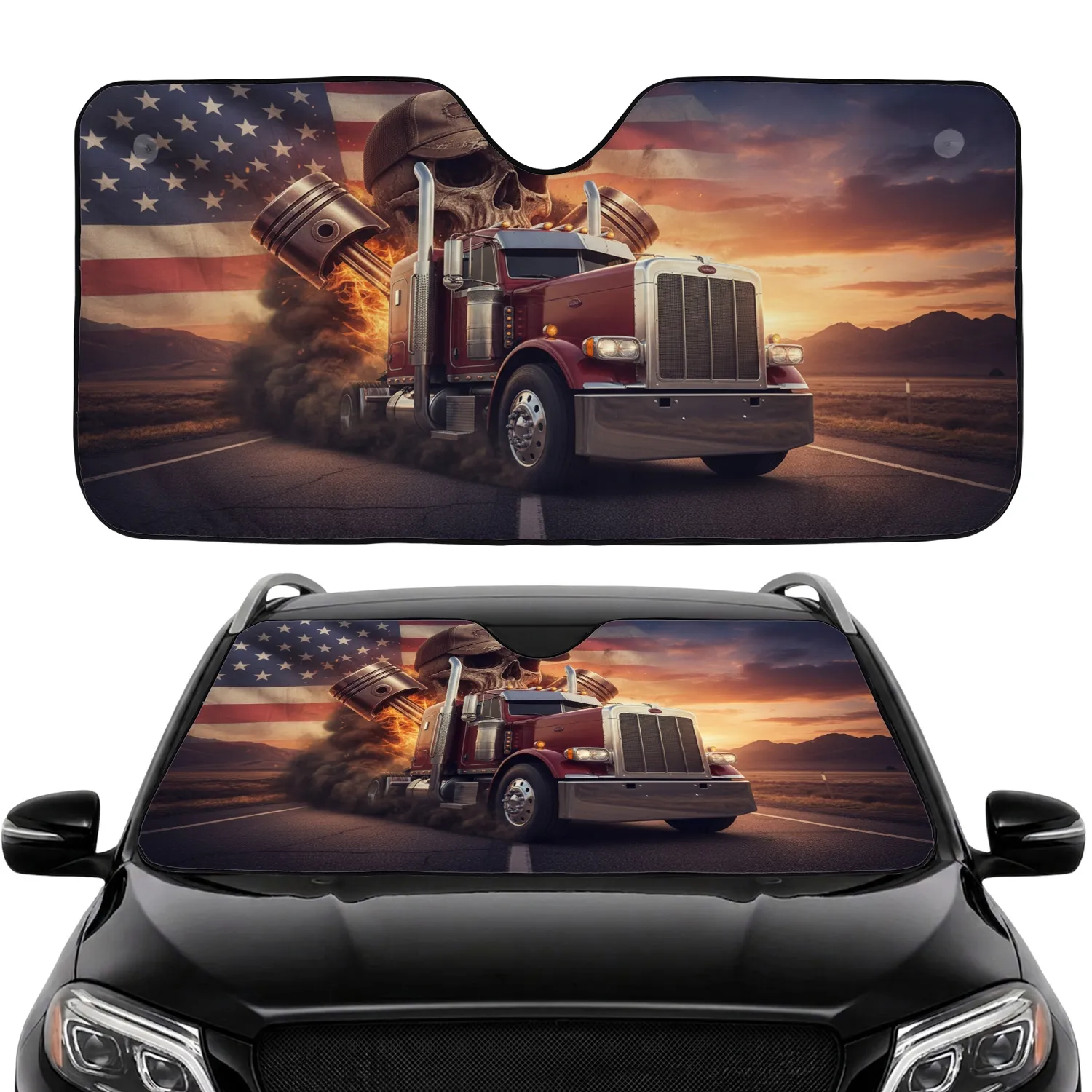 Classic American Semi Truck Skull Flag Sunset Highway - Car Interior Upgrade Car Sunshade - 1