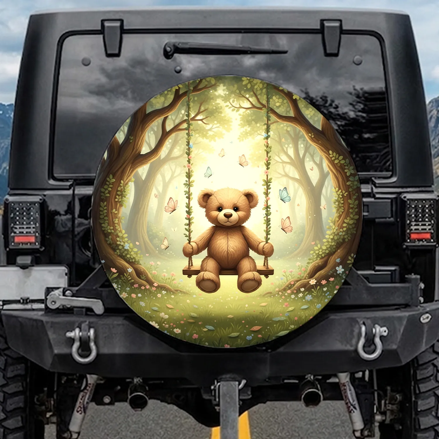 Teddy Bear Swing Butterflies Wildflowers Forest - Kids Outdoor Travel Essentials Spare Tire Cover - 1