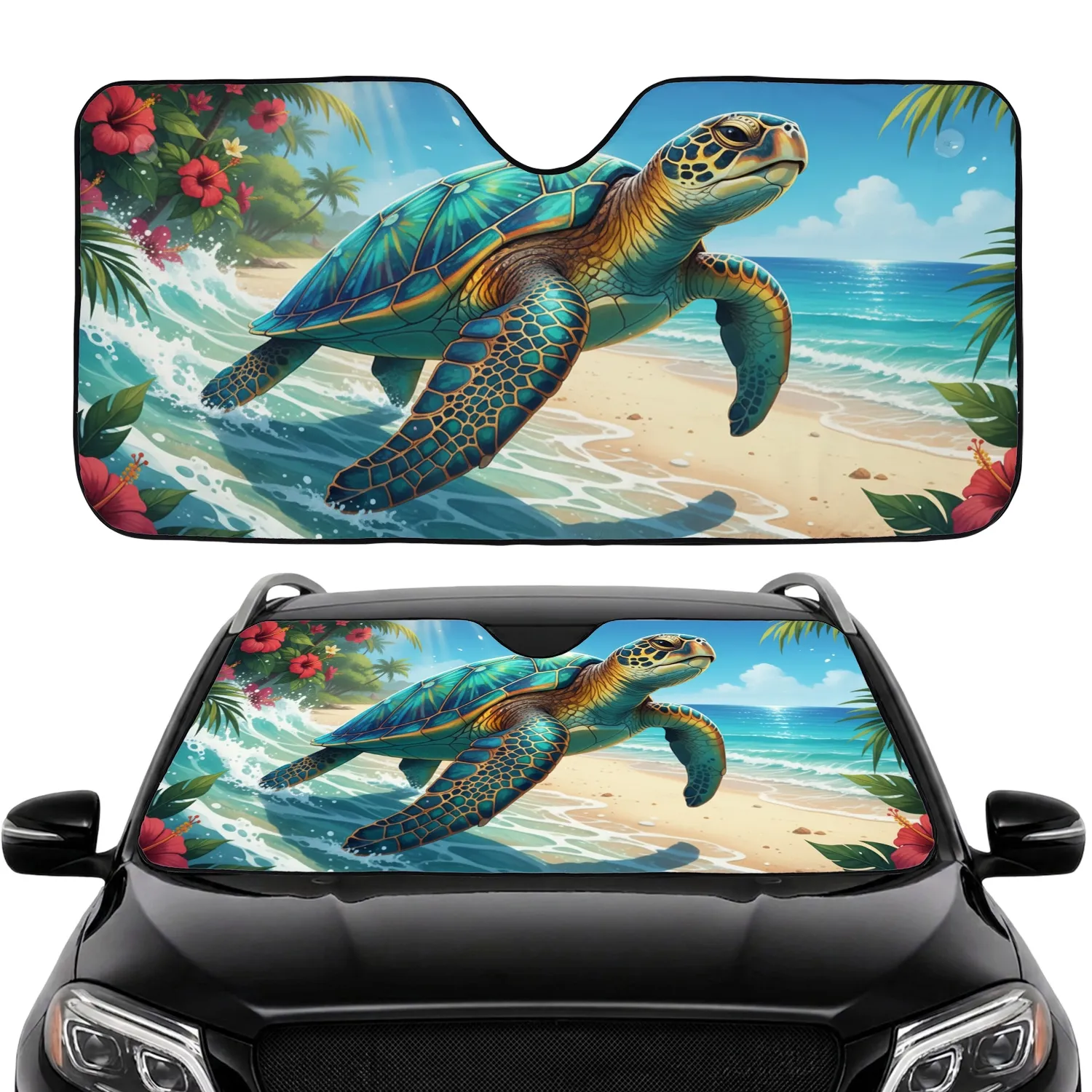 Faceted Gem Sea Turtle Tropical Beach Ocean - Road Trip Gift for Ocean Lover Car Sunshade - 1