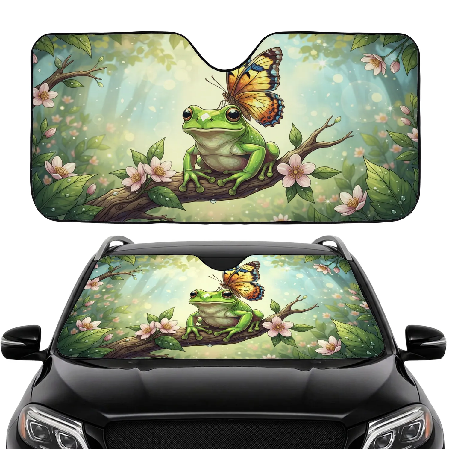 Luminous Green Frog Butterfly Forest Flowers - Car Interior Upgrade for Wildlife Lover Car Sunshade - 1