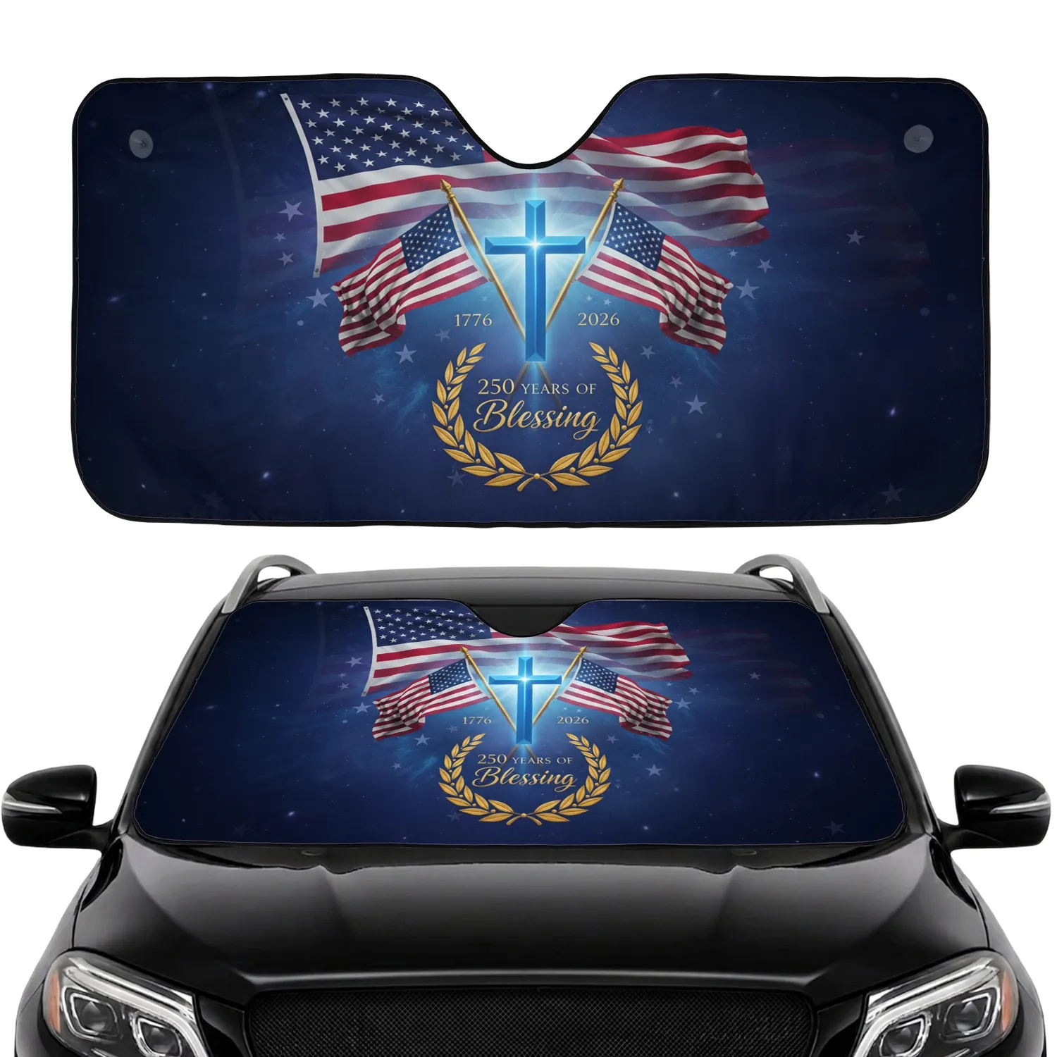 Christian Cross American Flags 1776-2026 - USA 250th Anniversary Car Interior Upgrade Car Sunshade - 1