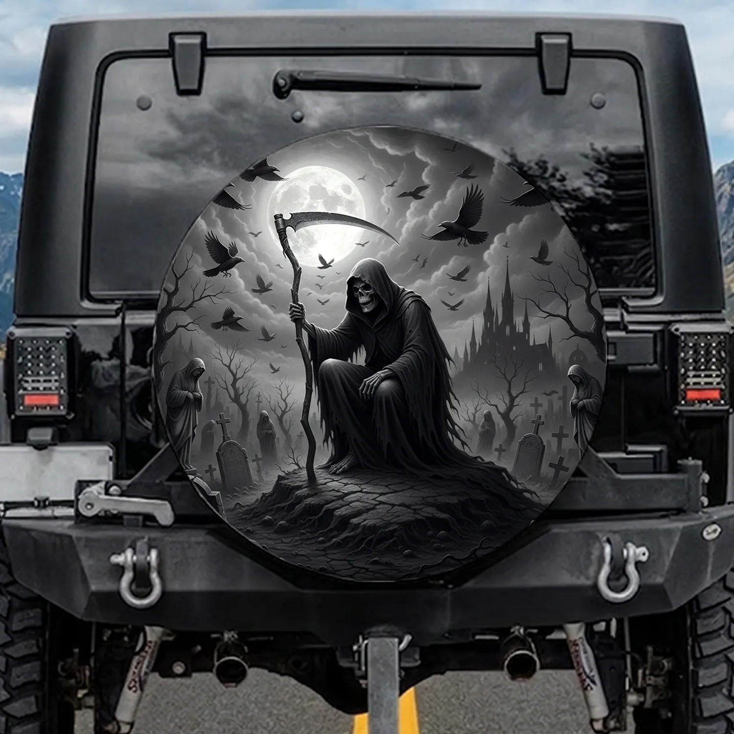 Gothic Grim Reaper Scythe Cemetery - Eerie Decor Gift Spare Tire Cover - 1