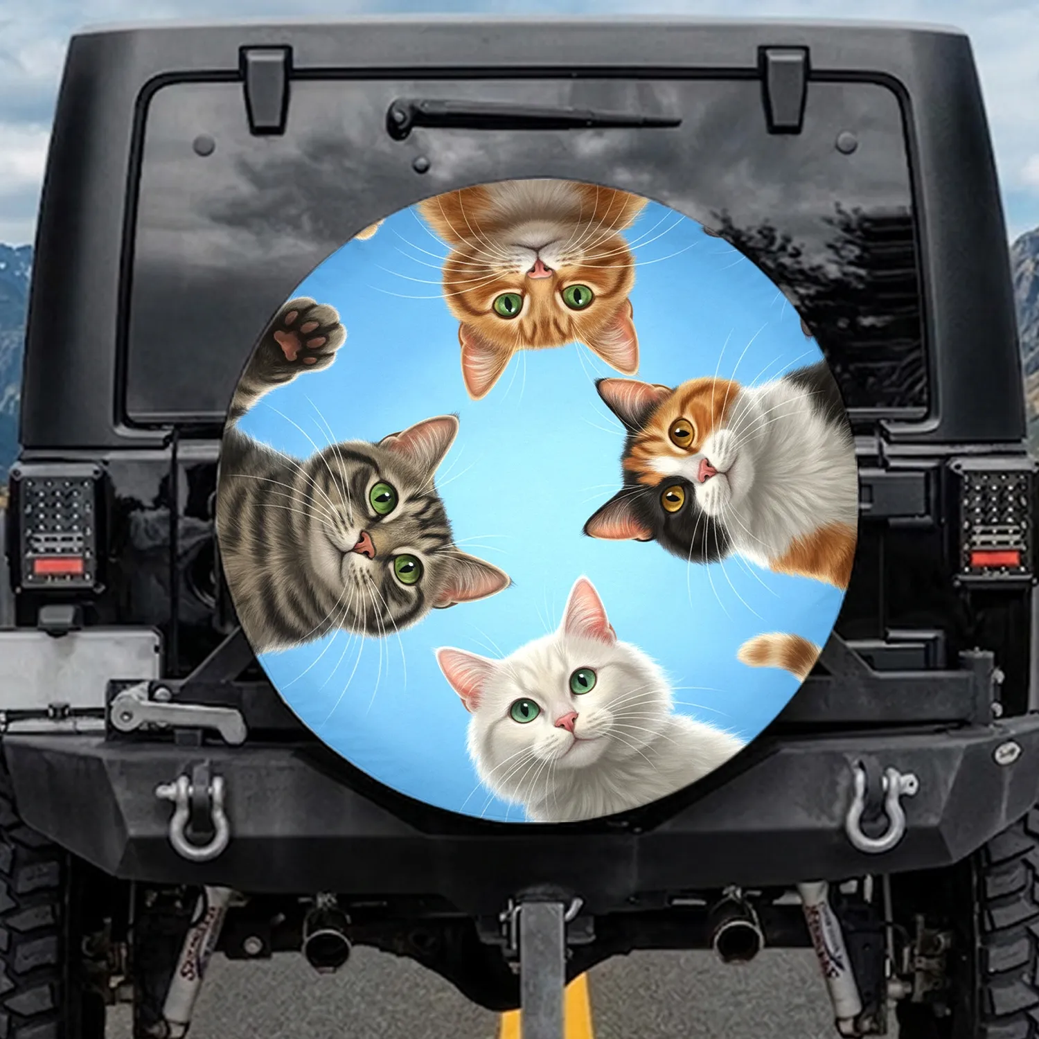Curious Ginger Tabby Calico White Cats Blue Sky - Cat Lover Everyday Gift Spare Tire Cover - 1