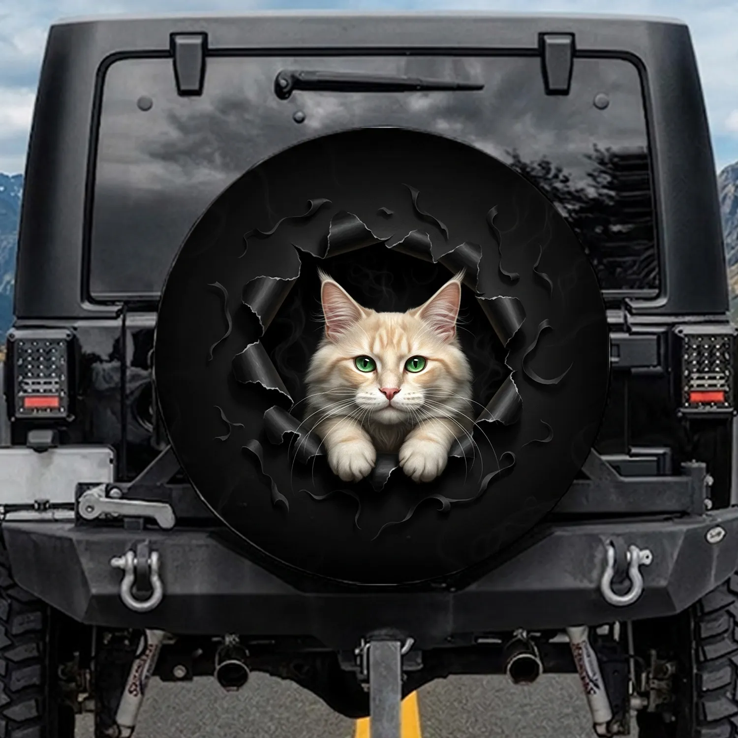 Curious Cat Face Jagged Rip Torn Paper Edges - Pet Owner Vehicle Accessory Spare Tire Cover - 1