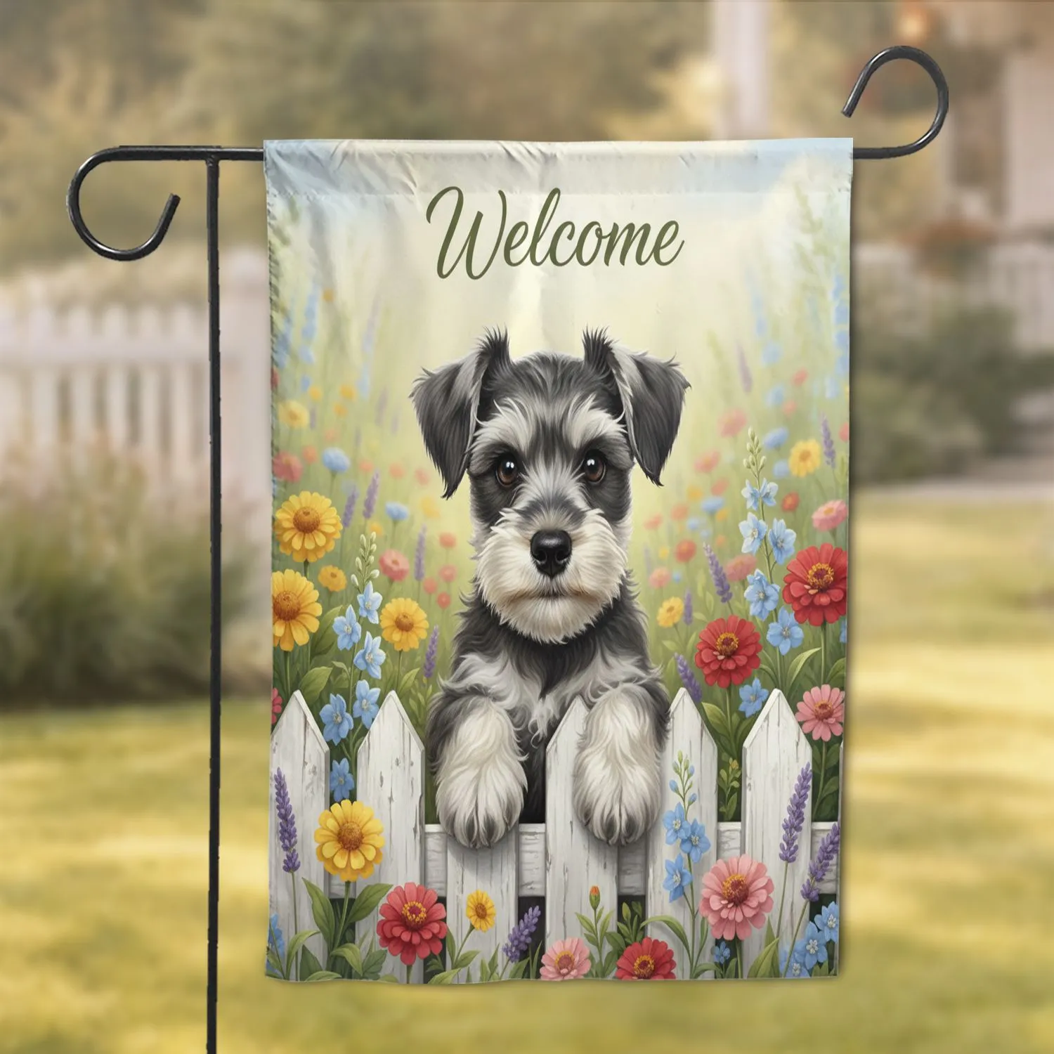 Miniature Schnauzer Puppy Picket Fence Welcome Wildflowers - Home Decor Gift for Schnauzer Lover Garden Flag - 1