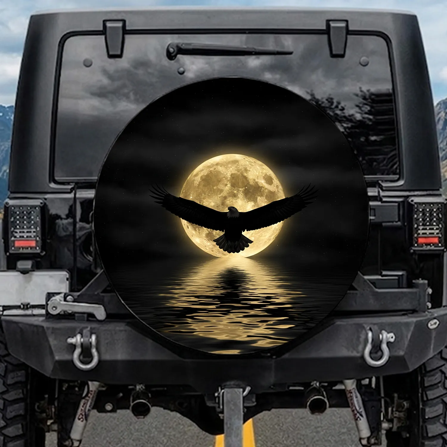 Eagle Soaring Over Full Moon Golden Reflections Night Sky - Wildlife Lover Gift Spare Tire Cover - 1