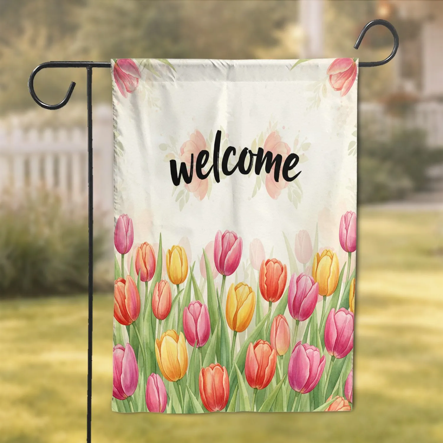 Welcome Watercolor Tulips Field - Everyday Home Decor Gift Garden Flag - 1