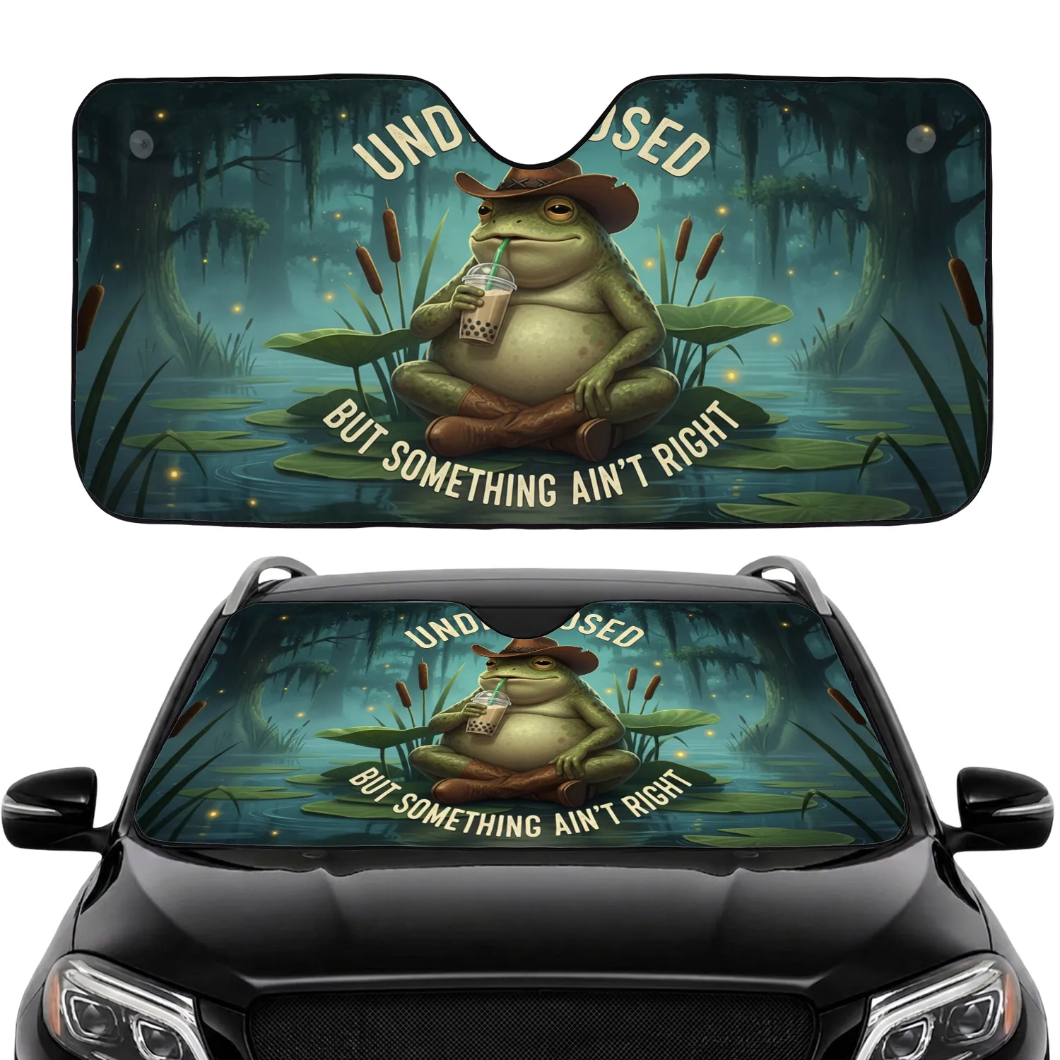 Frog Cowboy Hat Boba Tea 'Undiagnosed But Something Ain't Right' - Road Trip Accessory Car Sunshade - 1