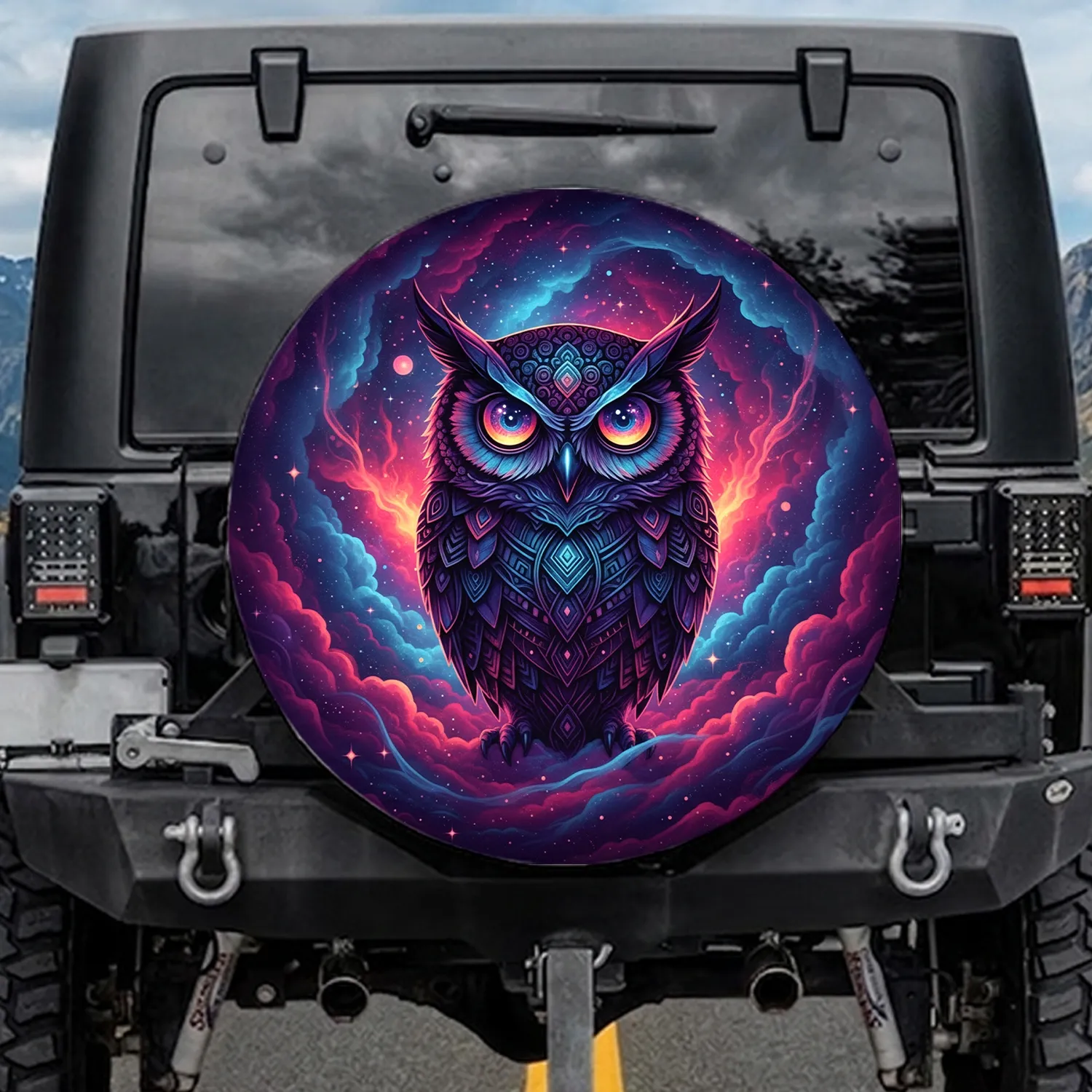 Geometric Tribal Owl Galaxy Nebula Stars - Outdoor Adventure Gift Spare Tire Cover - 1