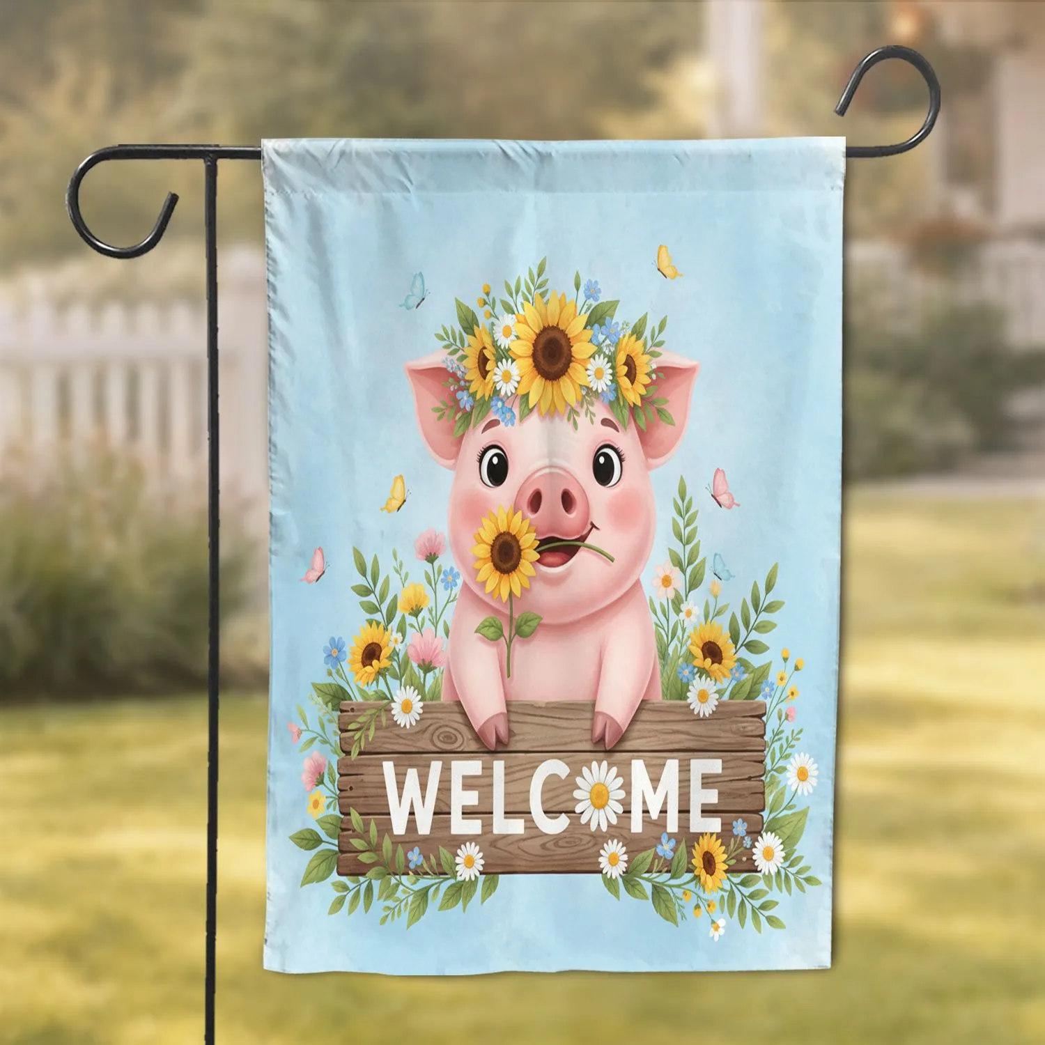 Cheerful Pig Welcome Sunflower Wildflower - Garden Decor Gift for Pig Lover Garden Flag - 1