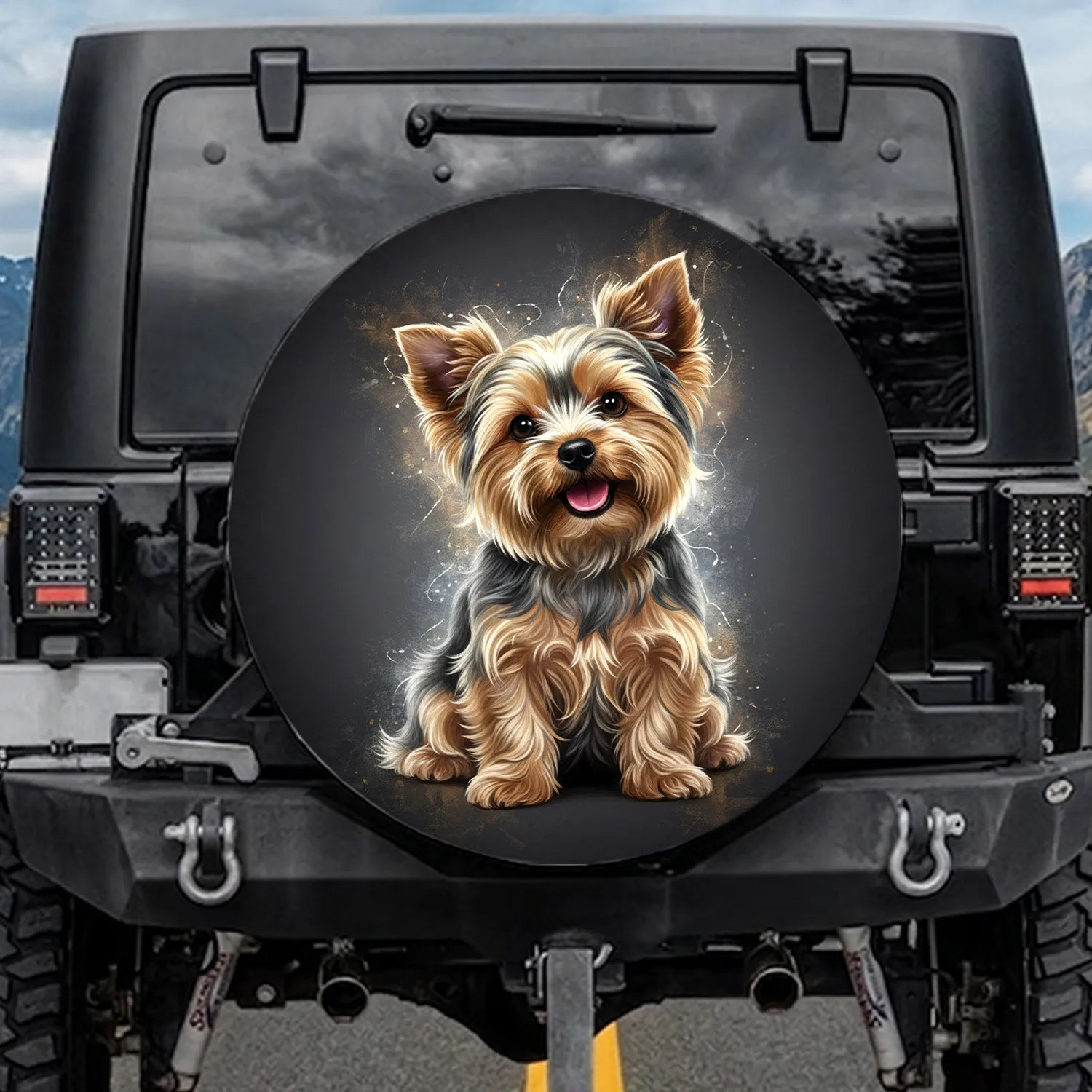 Fluffy Playful Sitting Yorkshire Terrier Dog with Expressive Bright Eyes - Dog Lover Gift Spare Tire Cover - 1