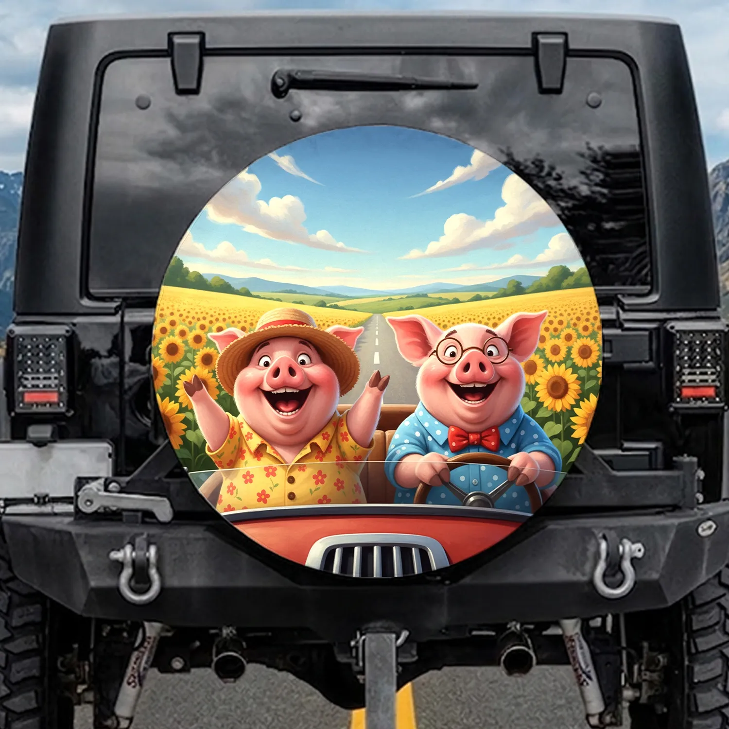 Pigs Vintage Car Sunflowers Road - Road Trip Travel Essentials Pig Lover Gift Spare Tire Cover - 1