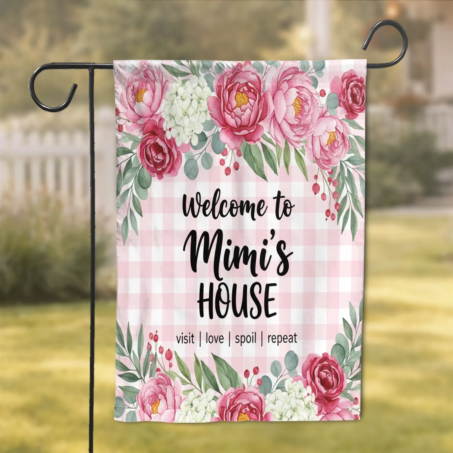 Welcome Mimi's House Peony Hydrangea Gingham - Grandmother Home Decor Gift Garden Flag - 1
