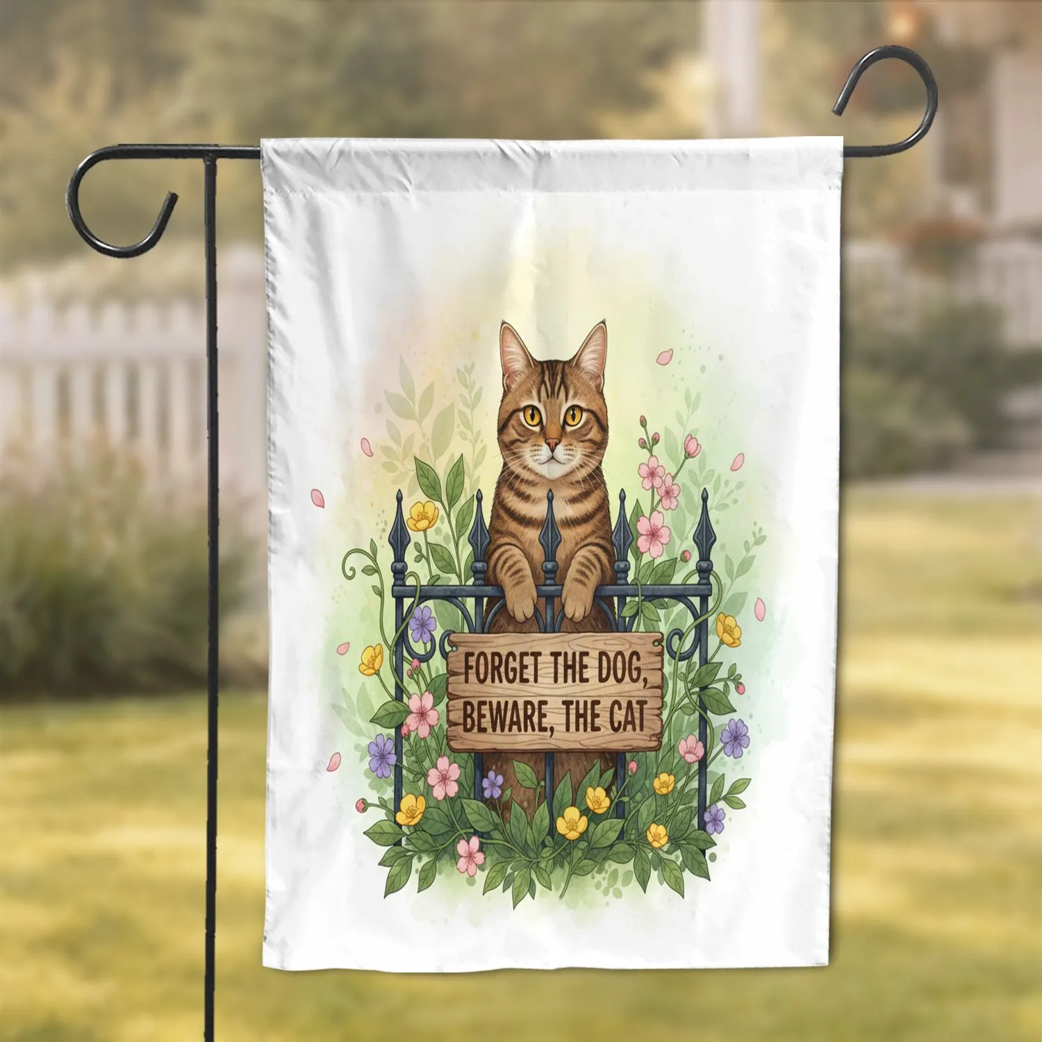 Tabby Cat Wrought Iron Fence Sign Garden Flowers - Cat Lover Home Decor Gift Garden Flag - 1