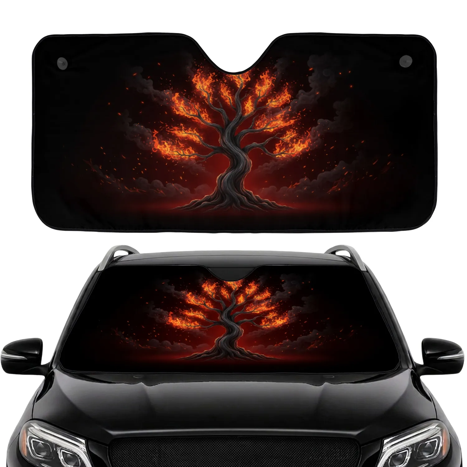 Burning Gnarled Tree Dark Smoke Embers Glowing Haze - Car Interior Upgrade Car Sunshade - 1