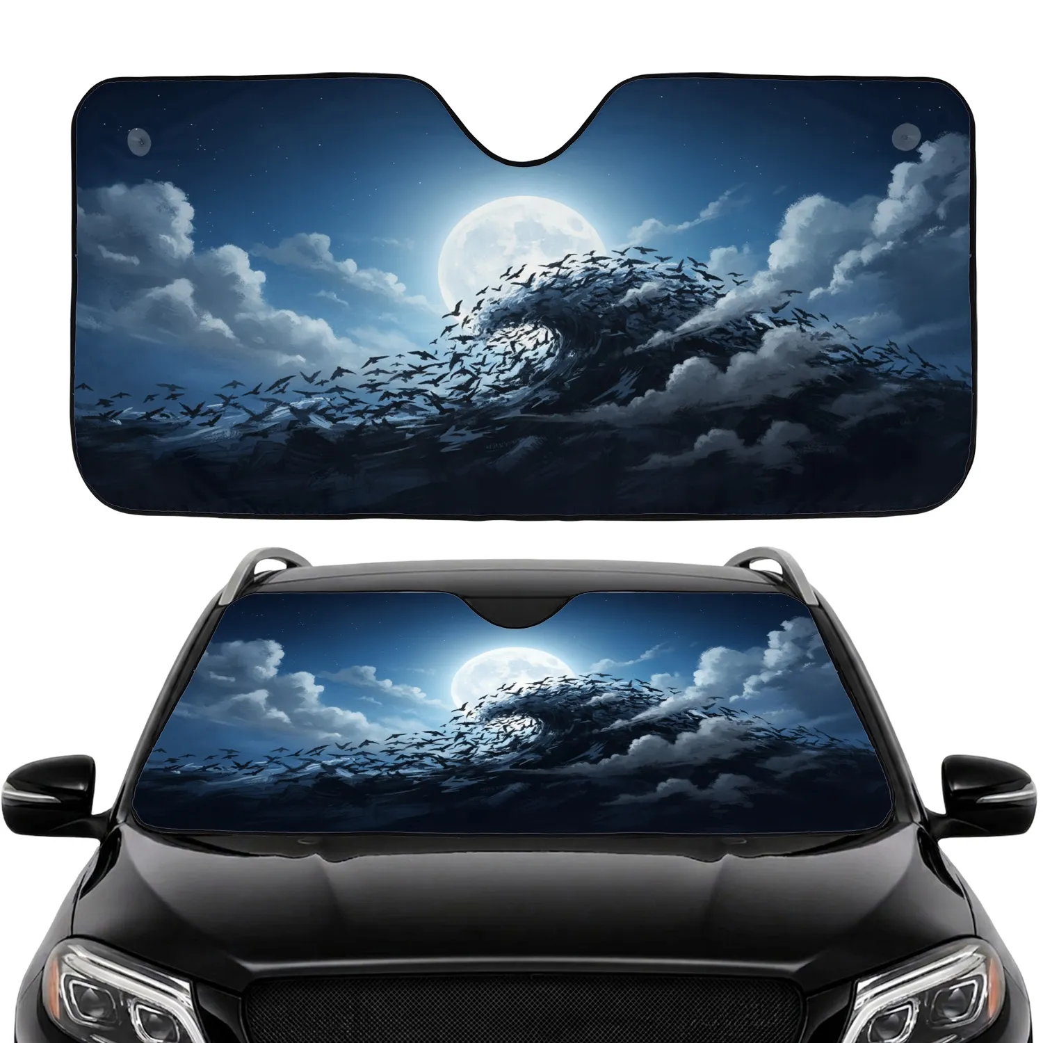 Luminous Moon Silhouette Birds Tidal Mass Clouds Night Sky Car Interior Upgrade Car Sunshade - 1