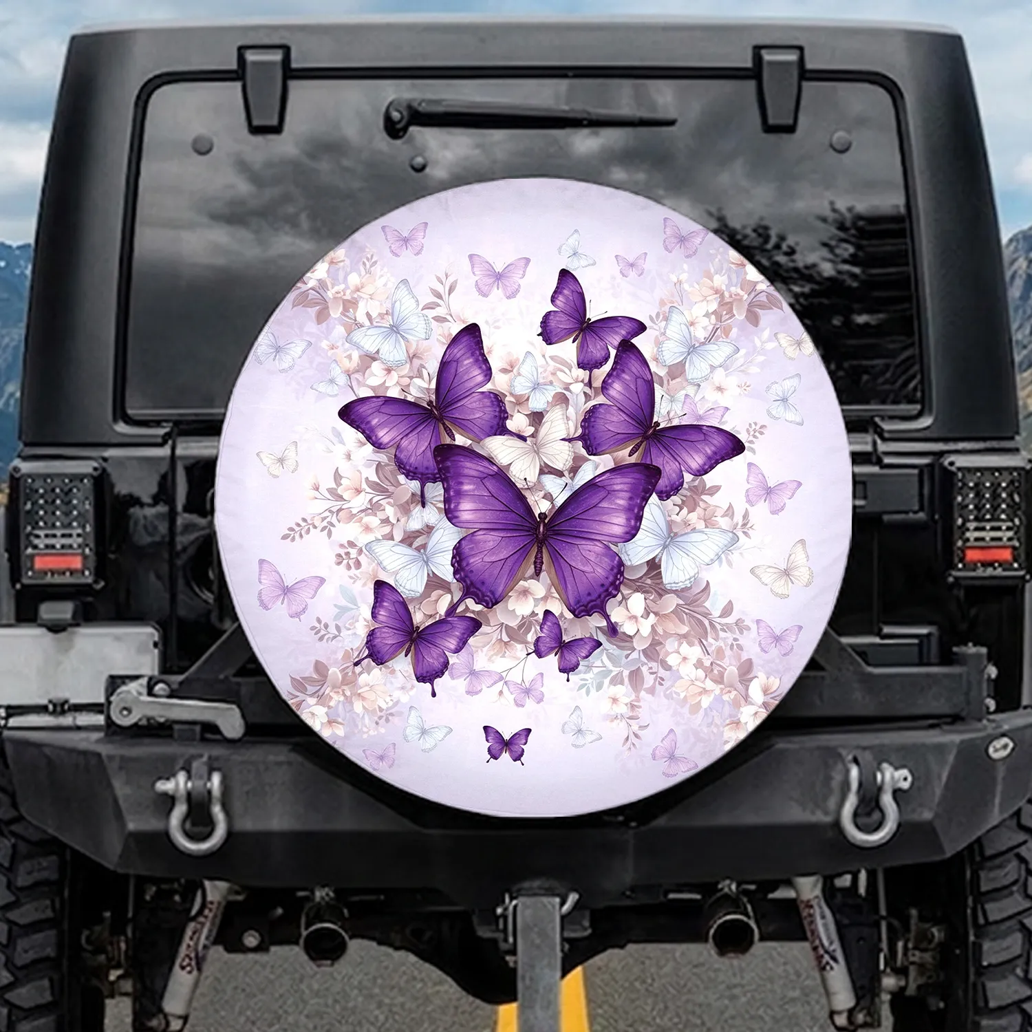 Deep Royal Purple Butterflies & Floral Leaves Blossoms - Home Decor Gift Spare Tire Cover - 1
