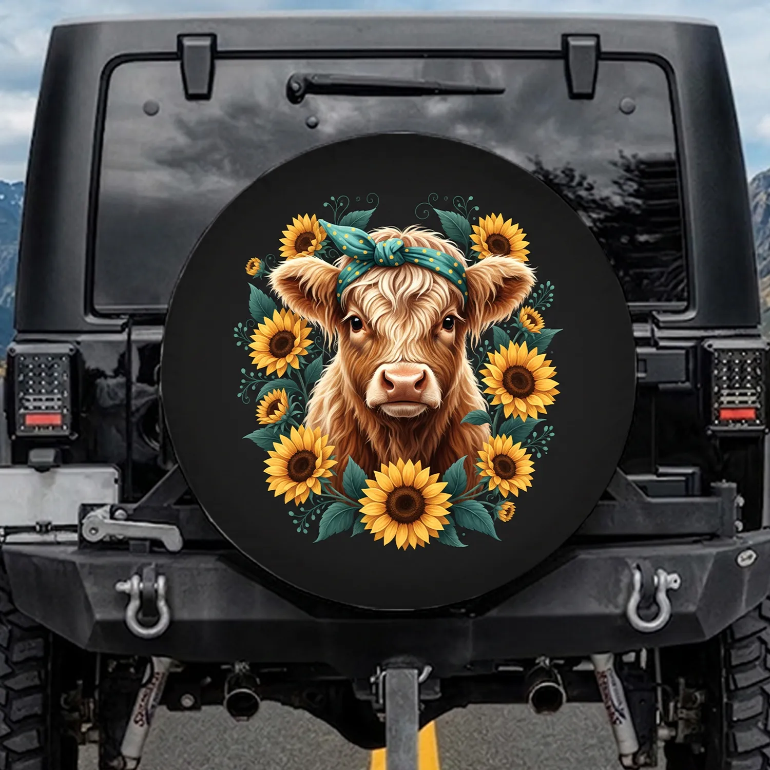 Highland Cow Calf Teal Bandana Golden Sunflowers - Farmhouse Home Decor Gift for Cow Lover Spare Tire Cover - 1