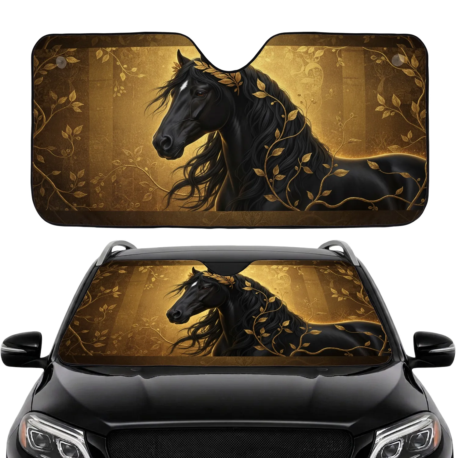 Majestic Black Horse Ornate Laurel Wreath Intricate Branches - Driving Commute Accessory Car Sunshade - 1