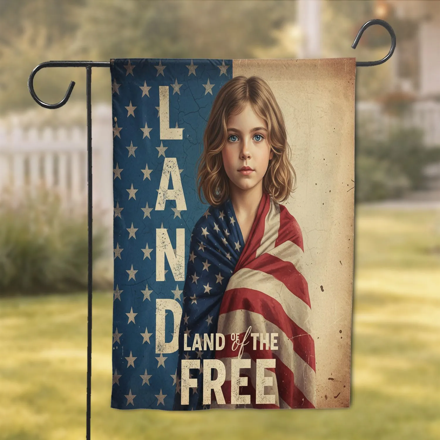Girl American Flag LAND OF THE FREE - Independence Day Gift for Patriots Garden Flag - 1