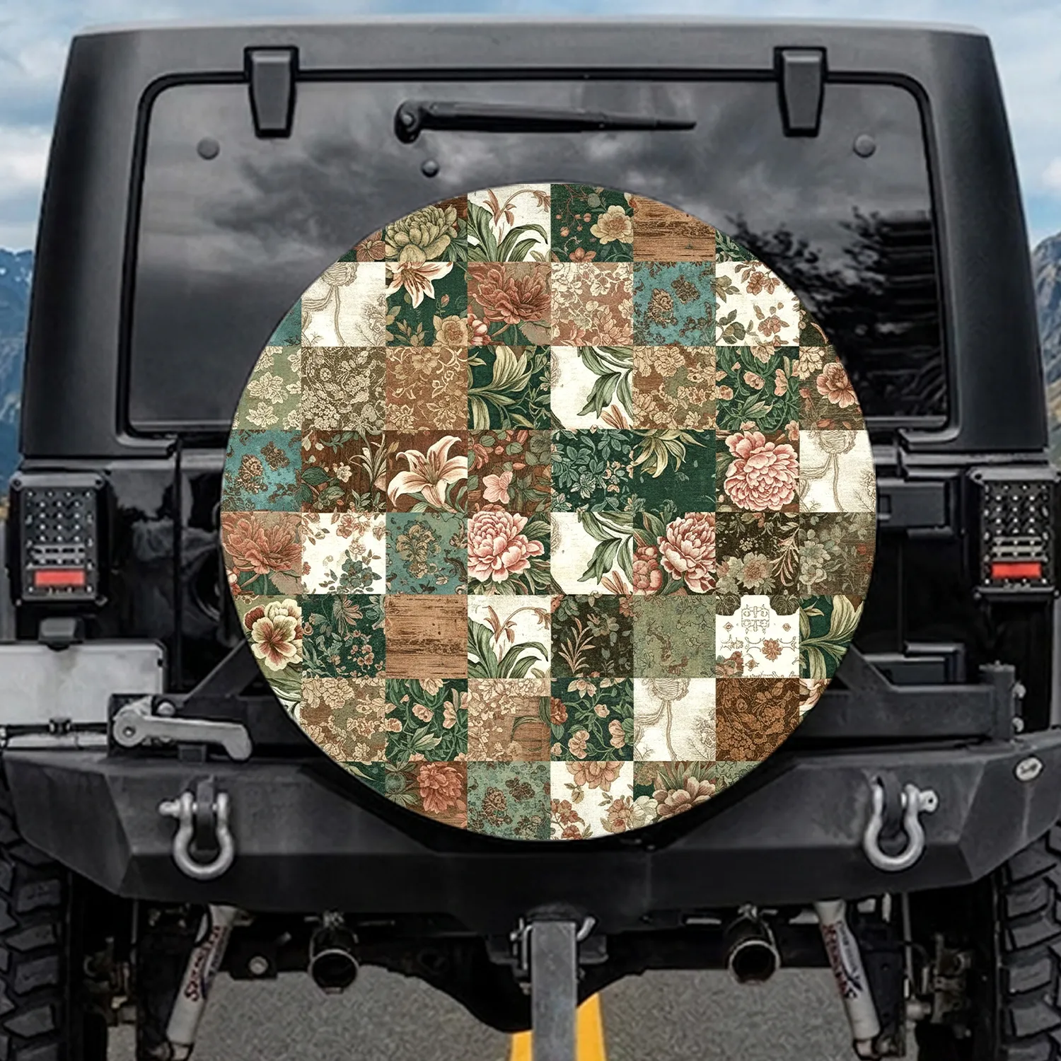 Vintage Distressed Floral Botanical Wood Grain Patchwork Mosaic - Car Decor Gift Spare Tire Cover - 1
