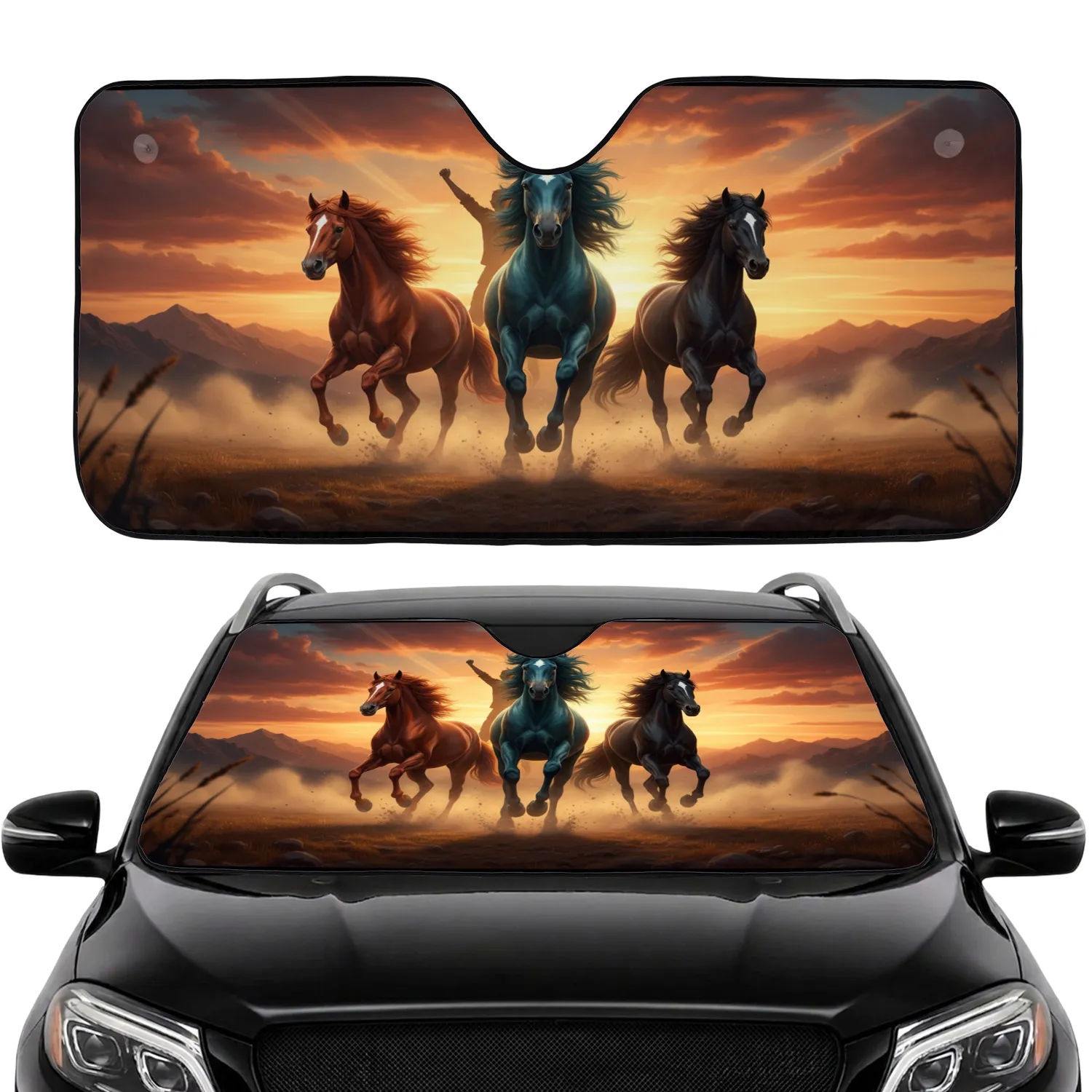 Powerful Horses Charging Sunset Mountain View - Road Trip Driving Gift Car Sunshade - 1